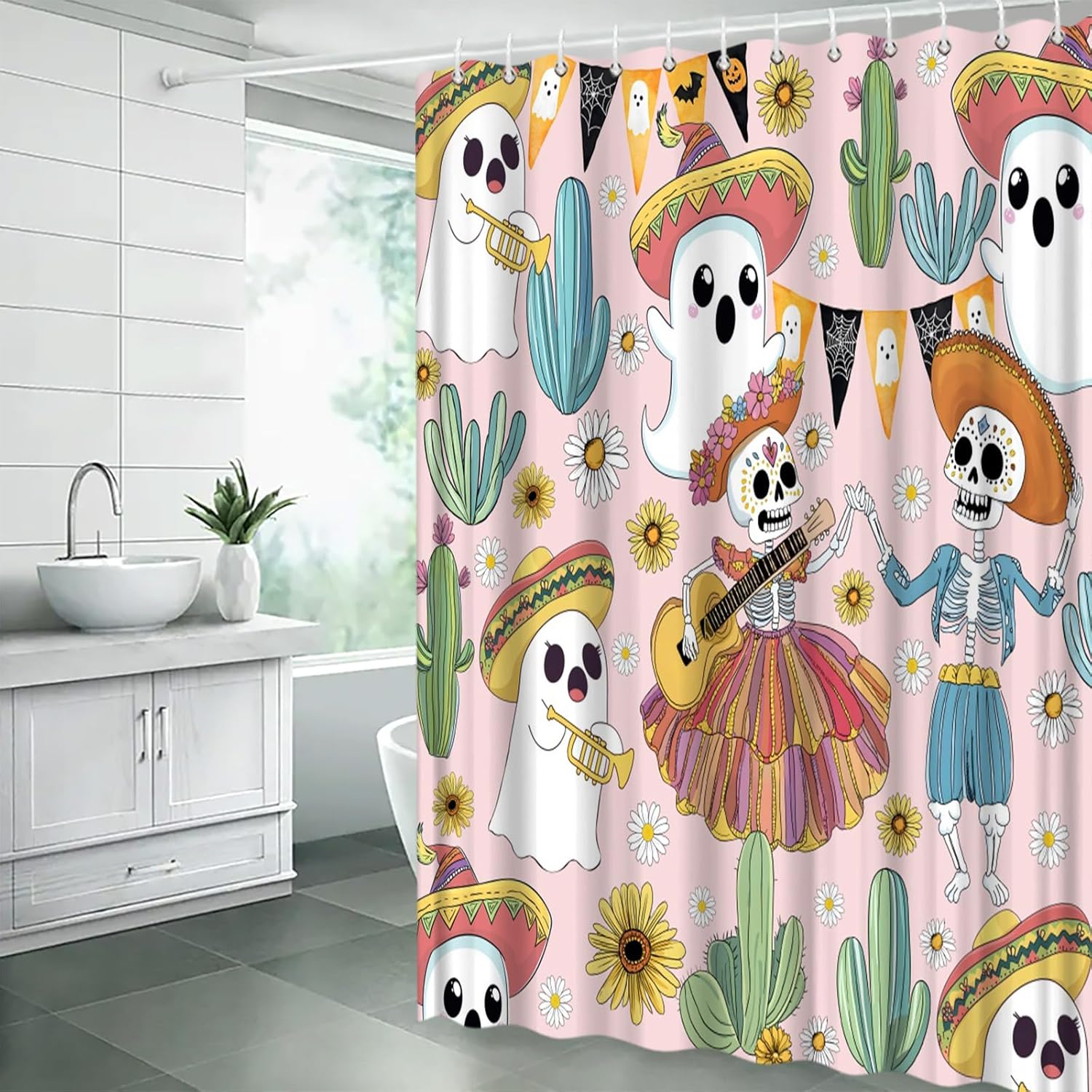 Halloween Gothic Shower Curtain,Ghost Suger Skull Cactus Spooky Cute Festival Funny Pink Polyester Bathroom Curtain with 12 Hooks,Bathtub Home Decor,70x78 Inch