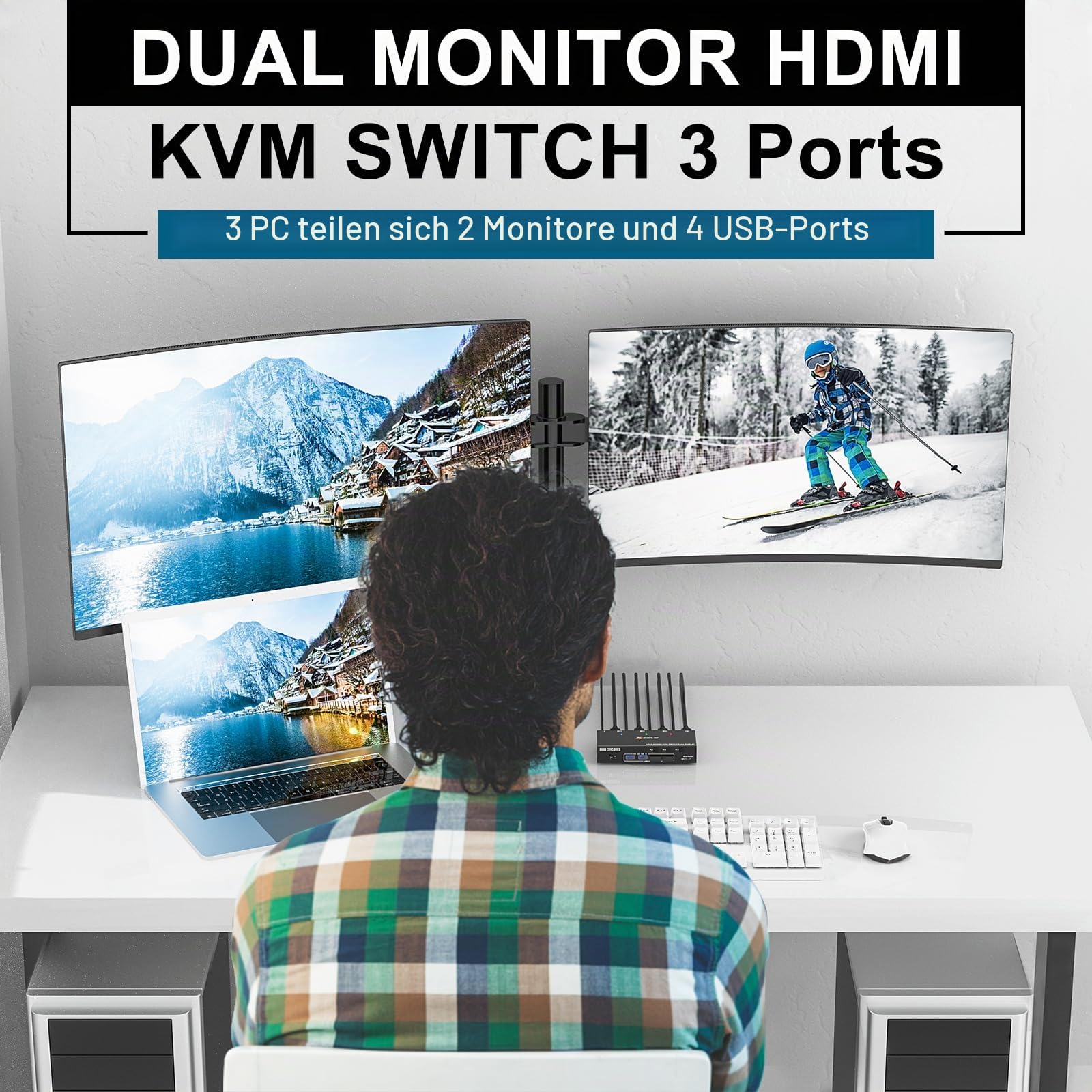 KVM Switch 3 PC 2 Monitore HDMI 4K@60Hz, EDID, USB 3.0 HDMI 2.0 KVM Switch Dual Monitor für 3 PC Teilen Tastatur, Maus, mit Wired Remote