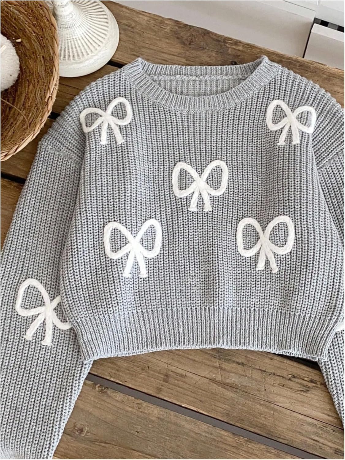 OYOANGLE Girl's Bow Cropped Sweater Bishop Long Sleeve Crewneck Drop Shoulder Knit Pullover Jumper Tops - Image 4