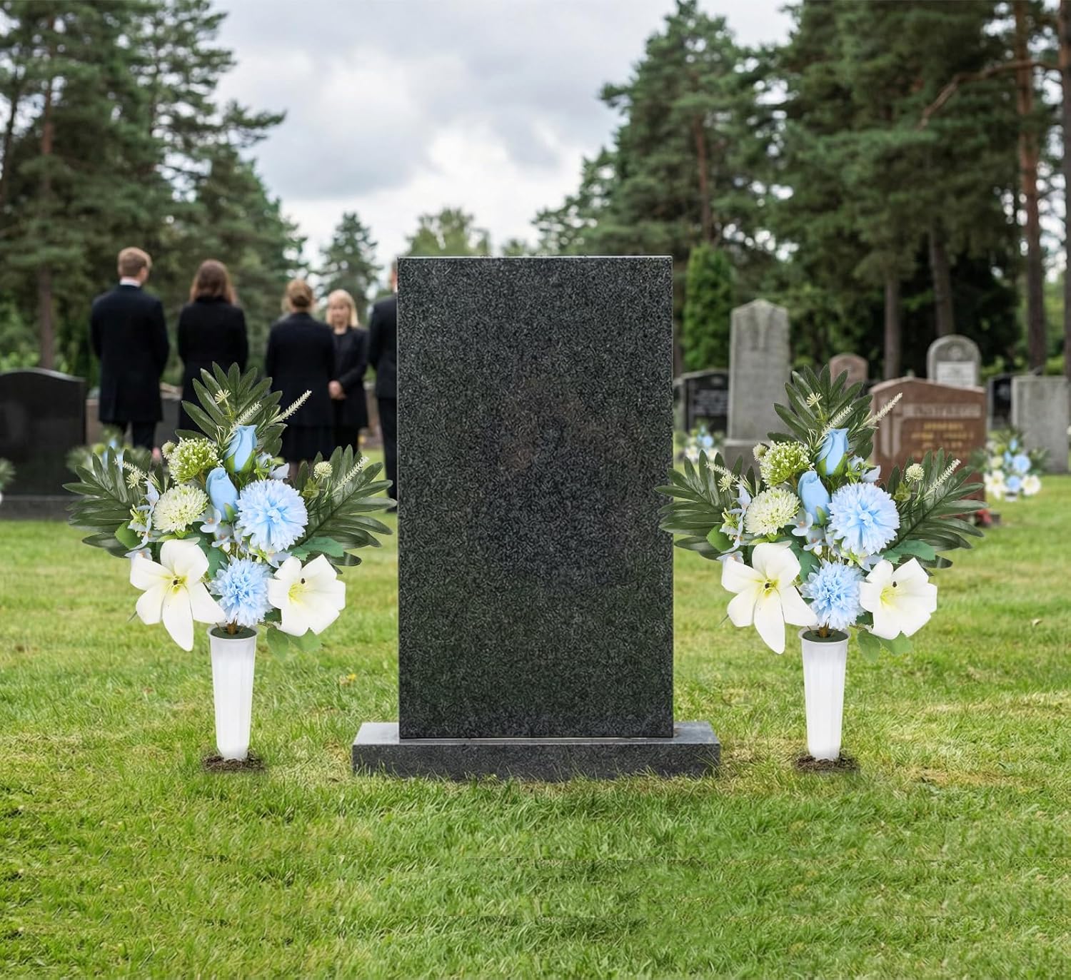 2 Sets Cemetery Flowers for Grave, Outdoor Lily Chrysanthemum Hydrangea Rose Artificial Flowers Grave Flowers with Cemetery Vase, Lasting and Non-Bleed Colors(Blue)