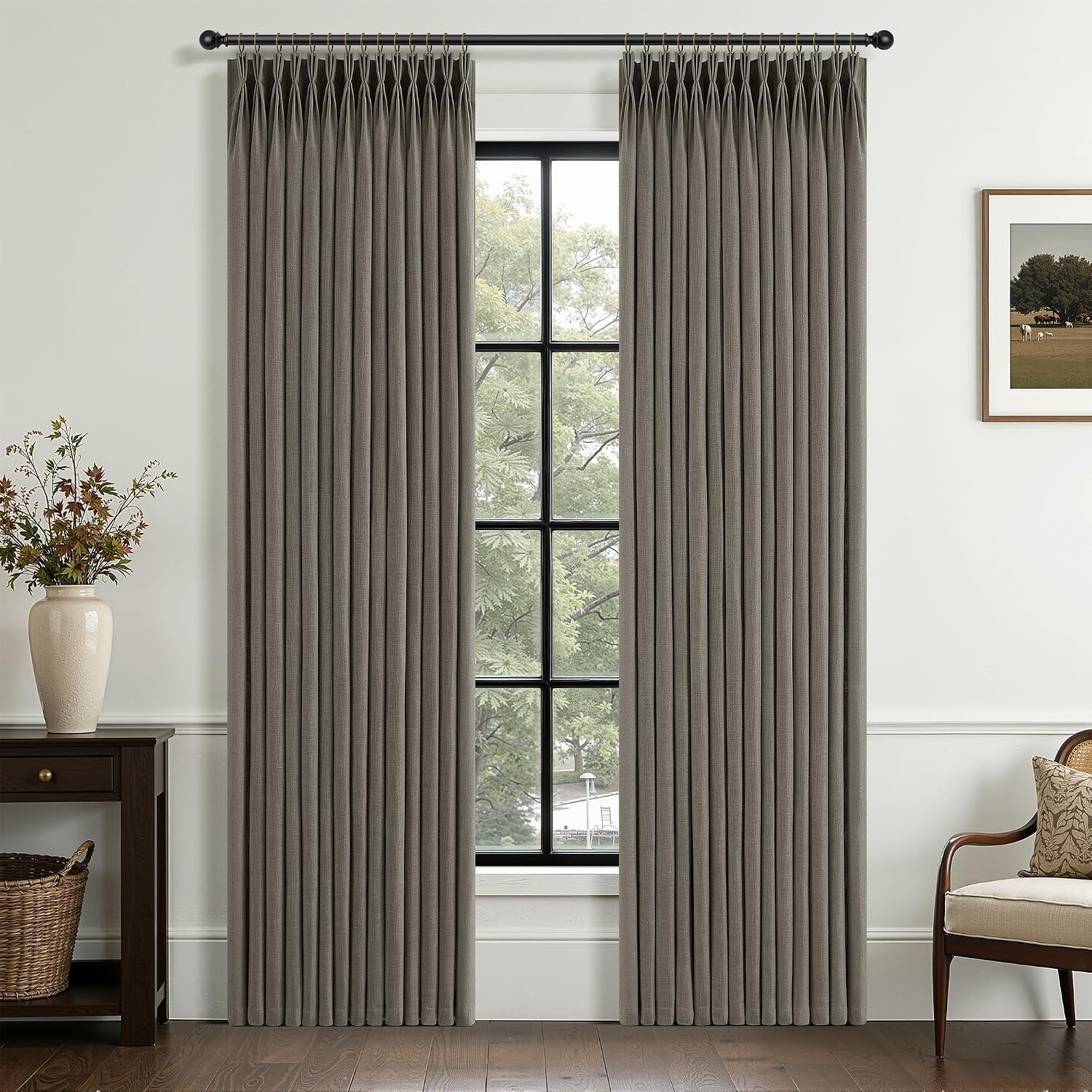 Oak Dim Gray Pinch Pleated Linen Curtains 84 Inch Length 2 Panels for Living Room Bedroom Semi Sheer Window Drapes Light Filtering Tan Brown Boho Farmhouse Pinch Pleat Curtain 84 Inches