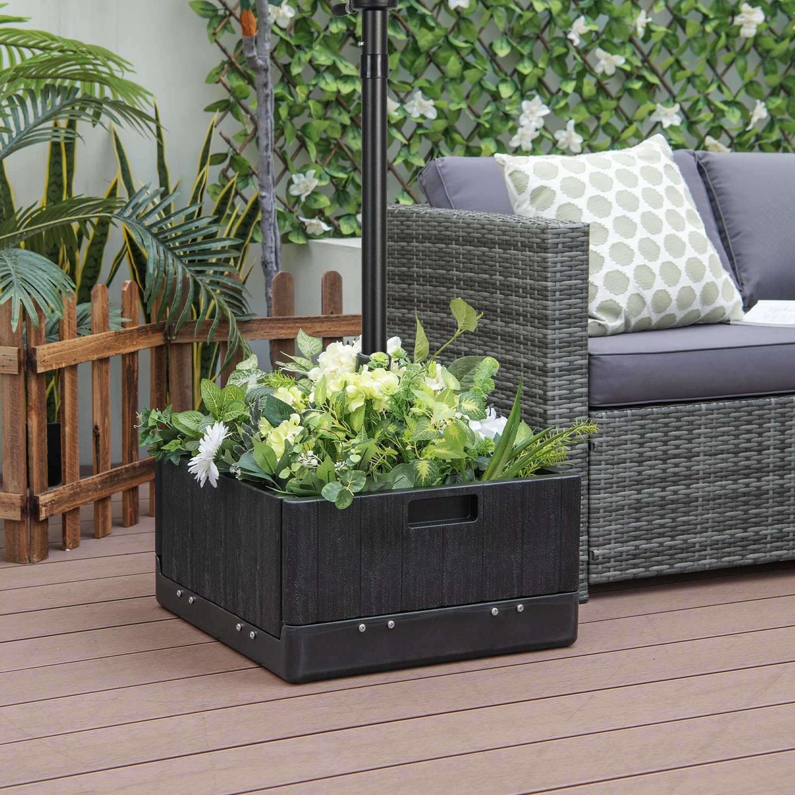 KOMFOTTEU Soporte para Sombrilla con Ruedas y Bandeja de Mesa, Base de Sombrilla Rellenable de 45L de Agua/67kg de Arena, Base para Sombrilla de 38/48 mm con Asa