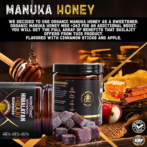Miniatura 4 de NutroTonic Gomitas orgánicas SHILAJIT  Sabor a manzana y canela  Shilajit para hombres y mujeres  Sin azúcar añadido, endulzadas con miel de manuka