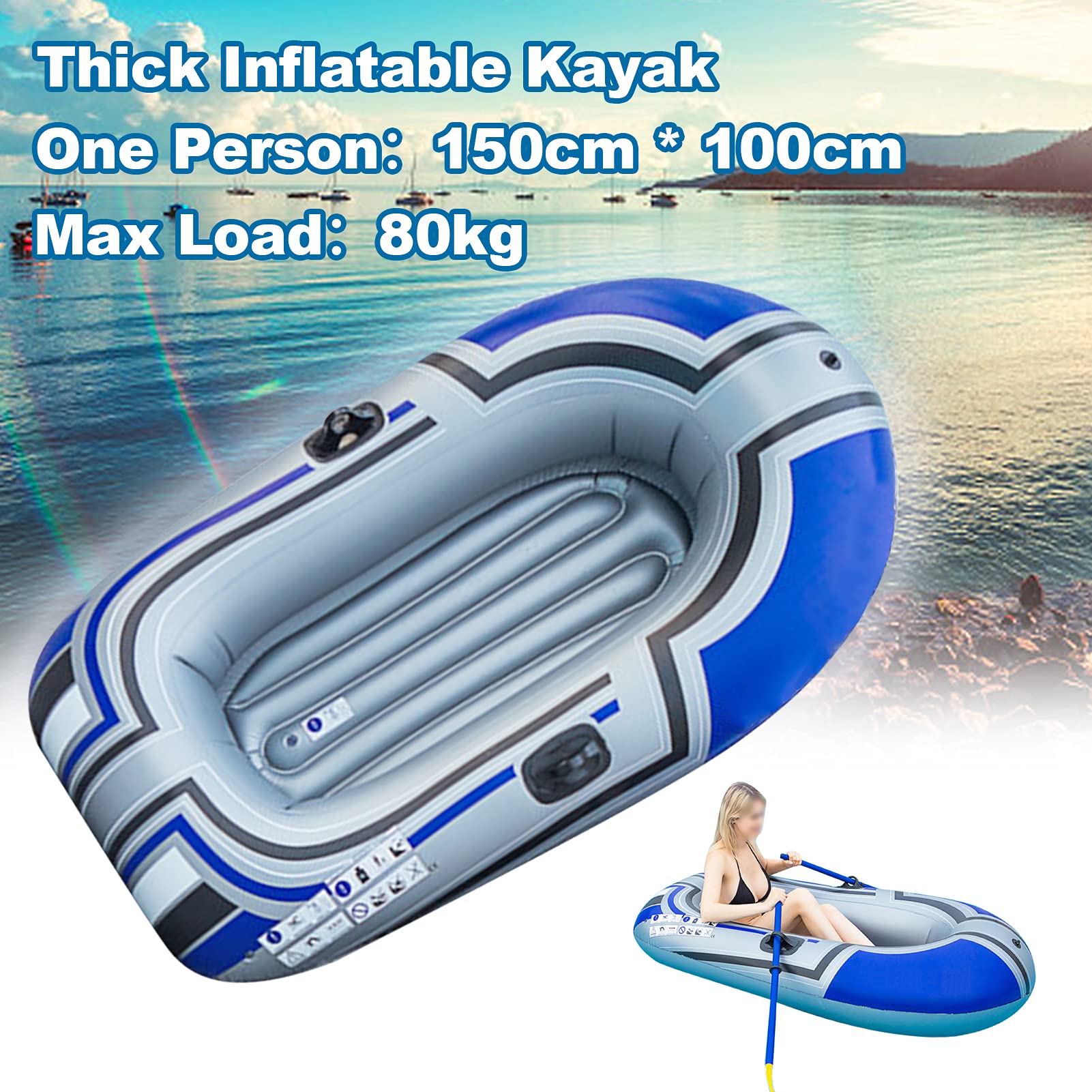 SIXRUN Bote Inflable, Kayak de Material de PVC Engrosado para una Sola, con Diseño Plegable para Caminatas y Actividades Al Aire Libre, 150 Cm, Capacidad de 80 Kg