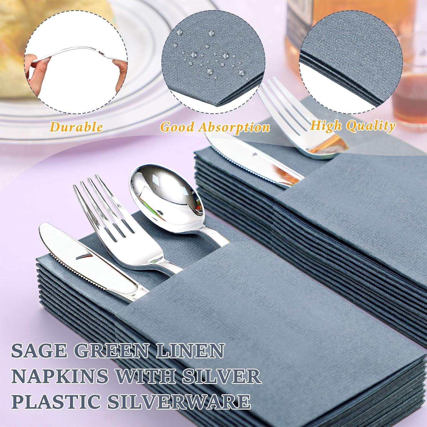Gueevin 200 PCS Linen Feel Napkins with Plastic Dinnerware Napkin and Plastic Cutlery Set Disposable Dinnerware (Dusty Blue and Gold)