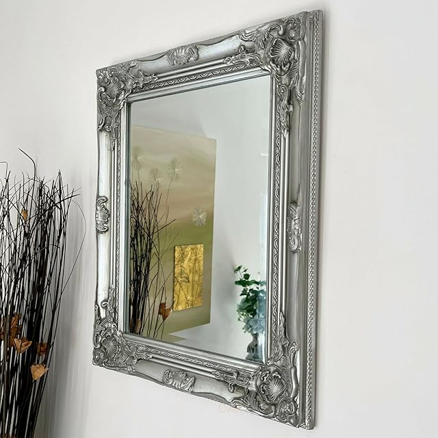 Darthome Silver Chrome Grey Baroque Rococo Wall Mirror Shabby Chic Rectangle Wood Frame French Antique 42cm x 53cm