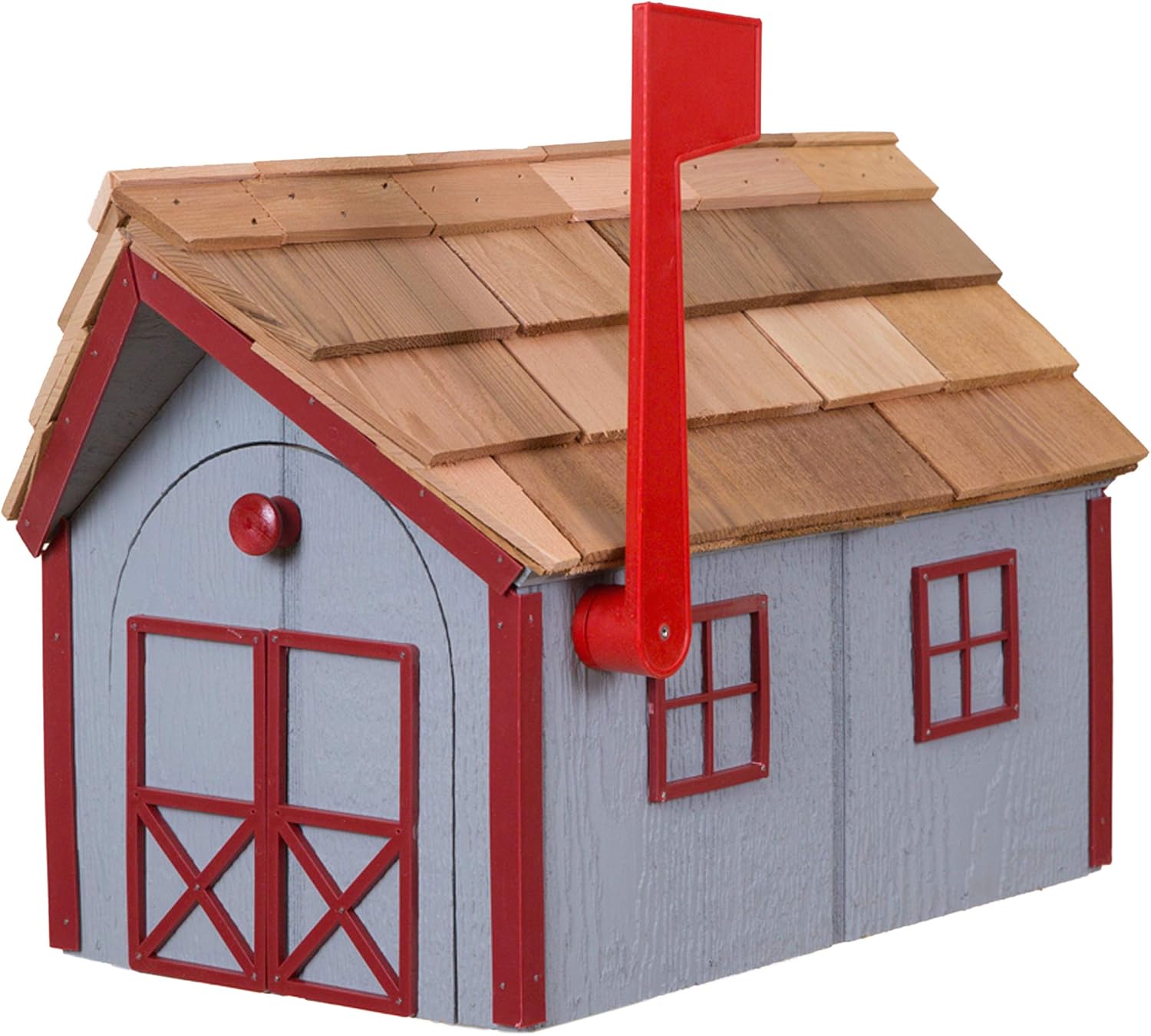 Amish Cedar Roof Wooden Mailbox with Window & Door Trim (Light Gray with Red Trim)