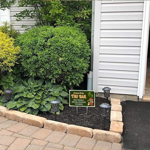 Miniatura 3 de WOSTOD Letrero de metal vintage con texto en inglés "Welcome to Our Tiki Bar Now Proously Serving Whatever You Traiges", letrero de metal vintage