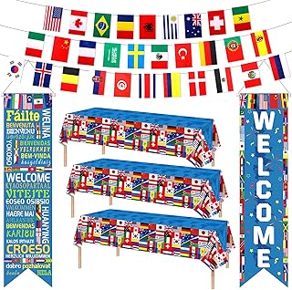 6PCS International World Flags Banner Decorations International Flags Welcome Porch Banner Tablecover and 30 Counties String Flag for Olympic School Classroom Soccer Bar Sports Clubs Party Decorations