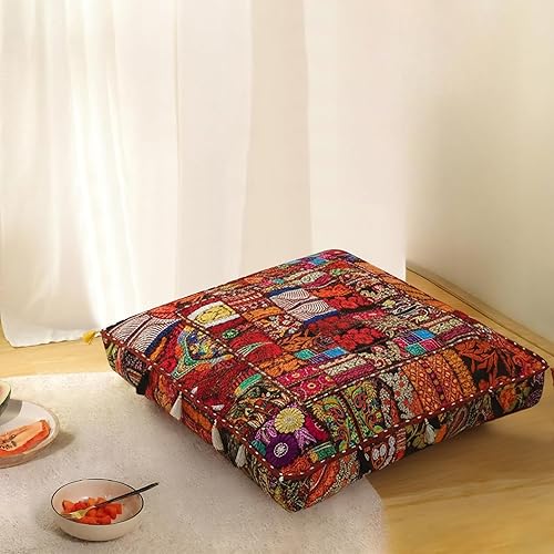 Miniatura 7 de THE ART BOX Cotton Patchwork Vintage Boho Embroidered Floor Pillows & Cushion Cover Dog Pouf Seating Pouf Meditation Pillow Pet Bedding Cat Bed Boho