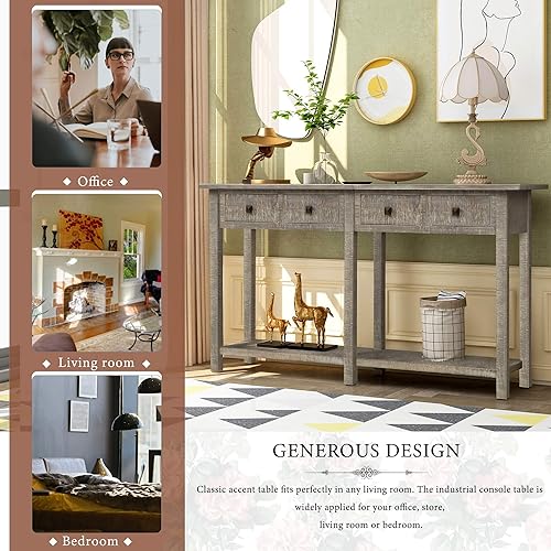 Miniatura 6 de P PURLOVE Mesa de consola retro de 59 pulgadas, mesa larga y delgada para sofá con 4 cajones y carcasa inferior para sala de estar