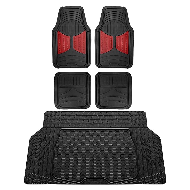 Kit de Tapetes Automotivos FH Group Monster Eye em Borracha com Tapete de Porta-Malas em Vinil Ajustável, Burgundy/Black, 5 Peças