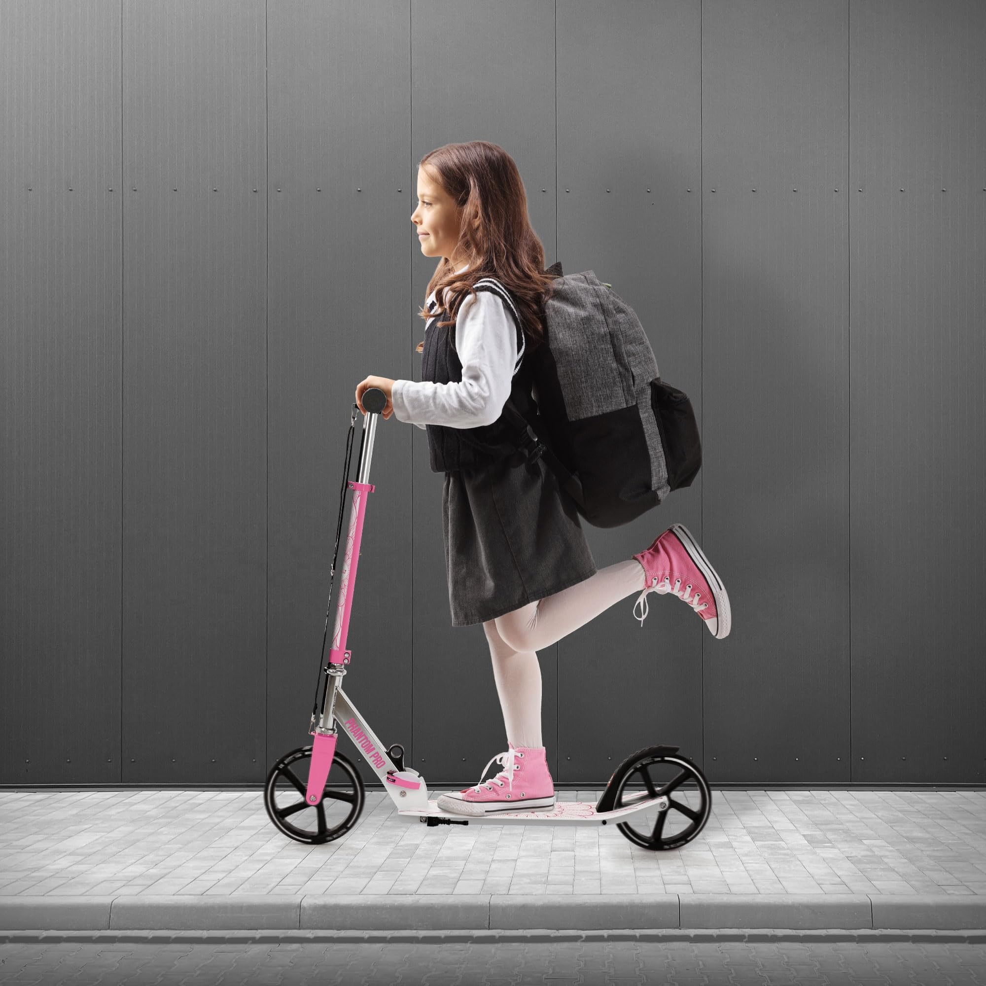 Hauki Cityroller Scooter Vert/Rose, Trottinette Pliable et Réglable en Hauteur, Roues XXL, Frein Arrière à Pédale, pour Enfants Adultes, Modèle Urbaine avec Béquille Sangle Transport Sécurité Stable