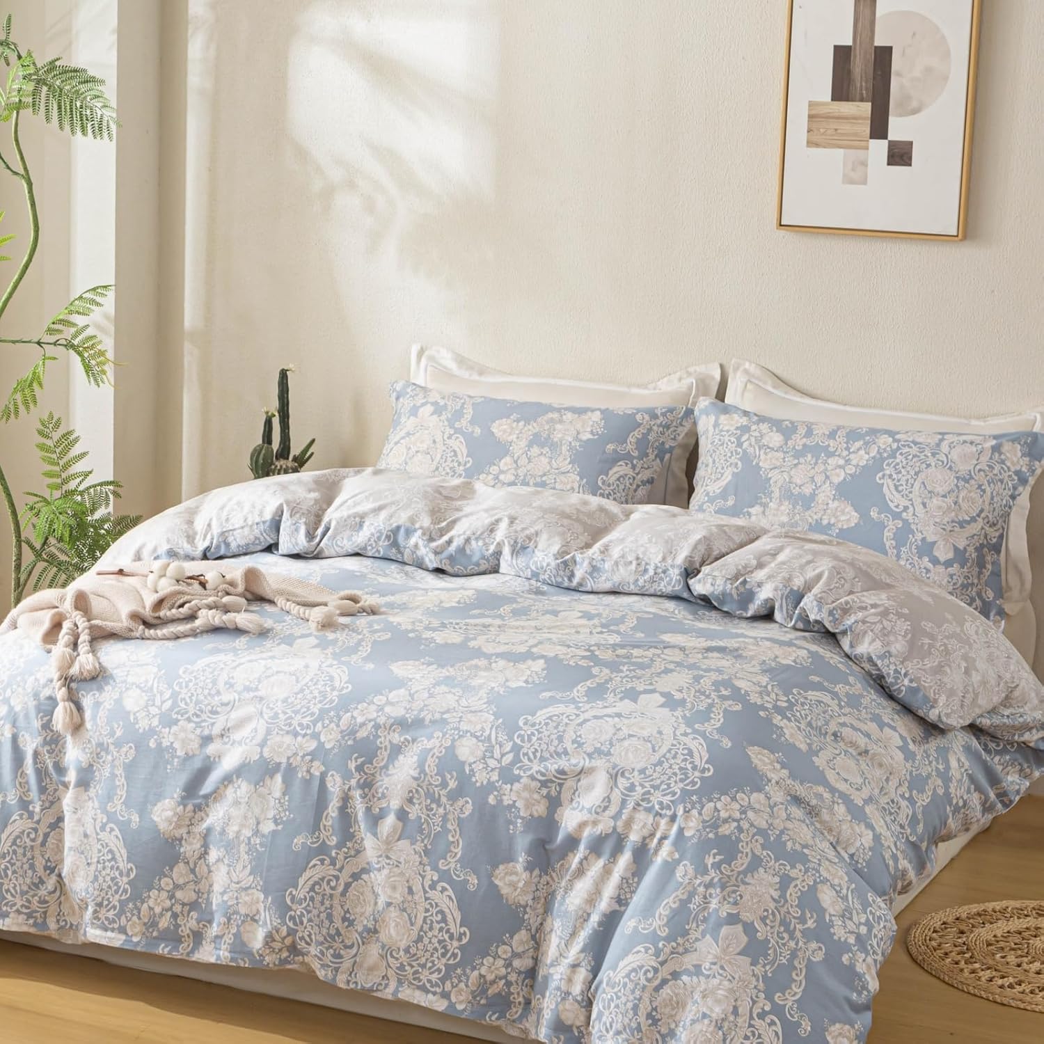 OAITE Duvet Cover Set,100% Cotton Comforter Cover with Floral Pattern Duvet Cover Set,Soft Bedding Set Includes with 3 Piece (2 Pillow Shams,1 Duvet Cover)