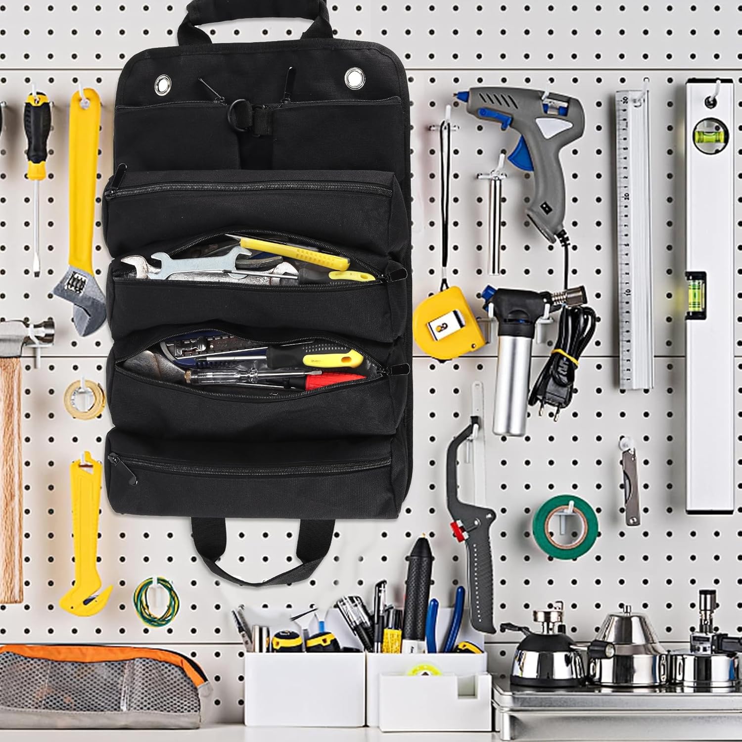 Tool Roll Bag, Tool Bag Organizer, Tool Carrier Roll UP Storage Pouches with 6 Zipper Pockets & Strap, Gifts for Men Mechanic Electrician Hobbyist (Black)