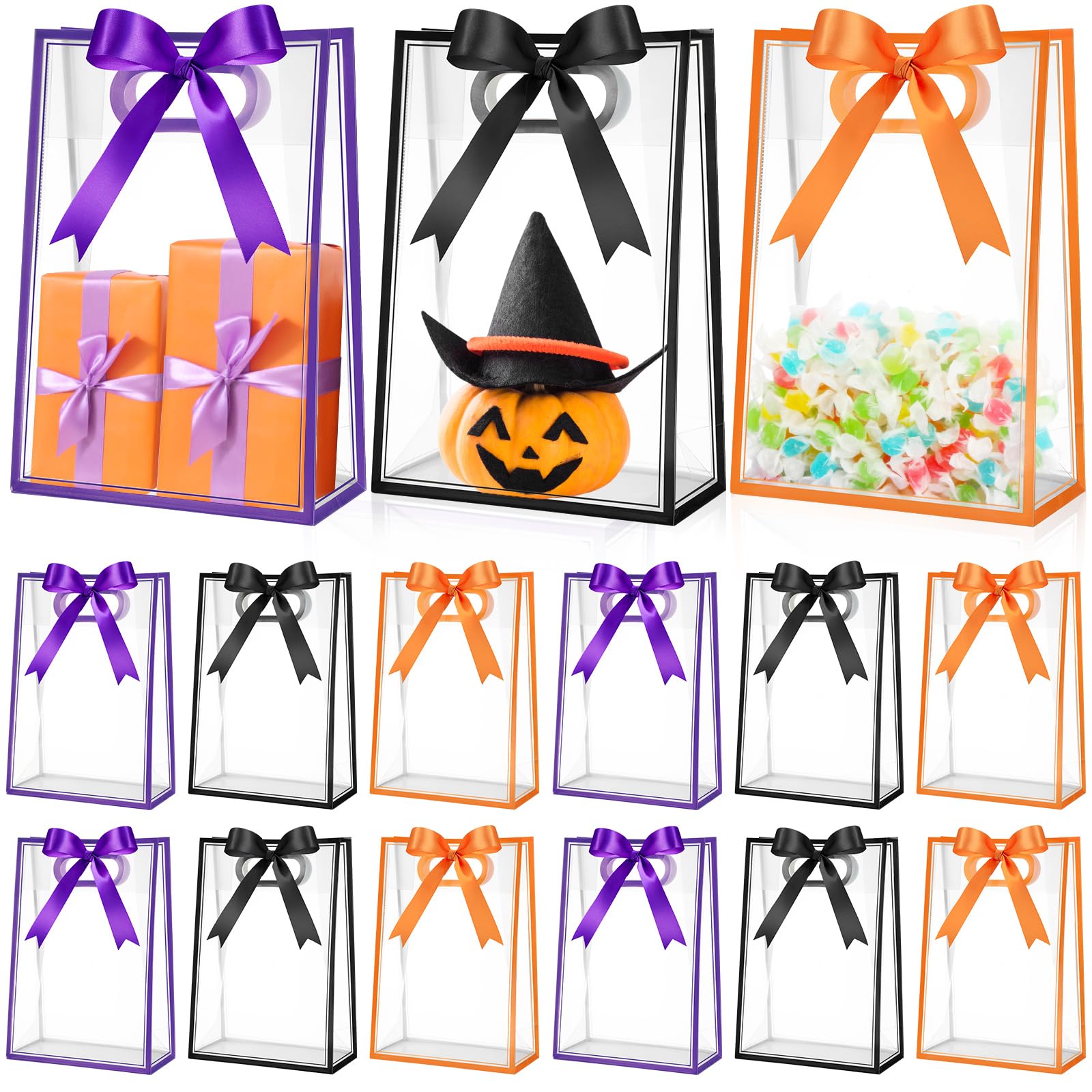 Aliceset 12 Pcs Clear Plastic Gift Bag with Die Cut Handle Reusable PP Favor Bag with Ribbon for Graduation Wedding Bridal Birthday Baby Shower Party Small Business,10x7x3.15in (Purple,Orange,Black) — image 1
