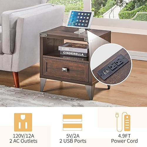 Miniatura 2 de AMERLIFE Juego de 2 mesitas de noche industriales, mesa auxiliar con estación de carga, mesita de noche con cajones de almacenamiento, mesas