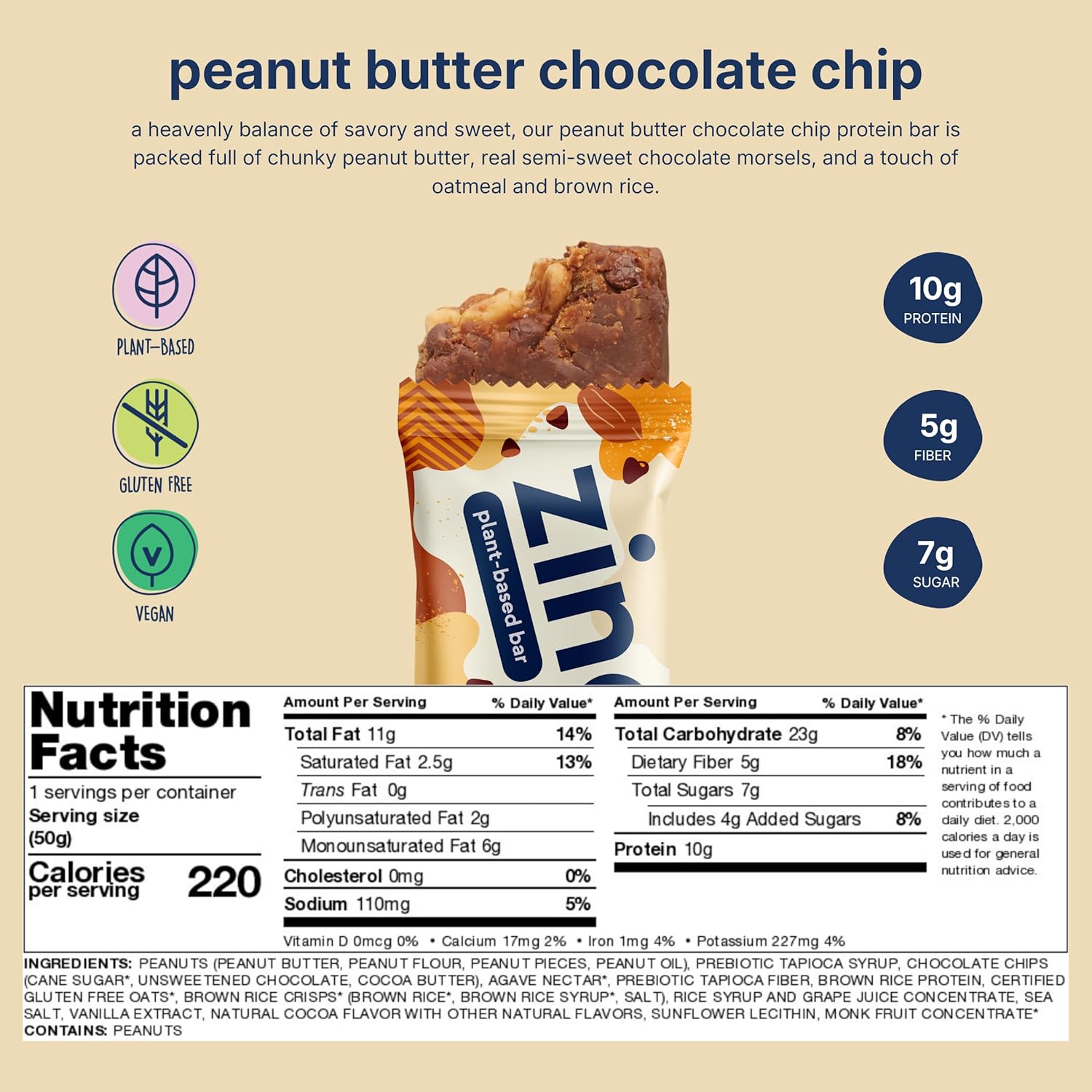 Zing Peanut Butter Chocolate Chip Vegan Protein Bars, Gluten Free with High Protein, High Fiber, Dairy Free Nutrition Bars, Plant Based Protein, Kosher, Low Sugar, No Sugar Alcohols - 12 count