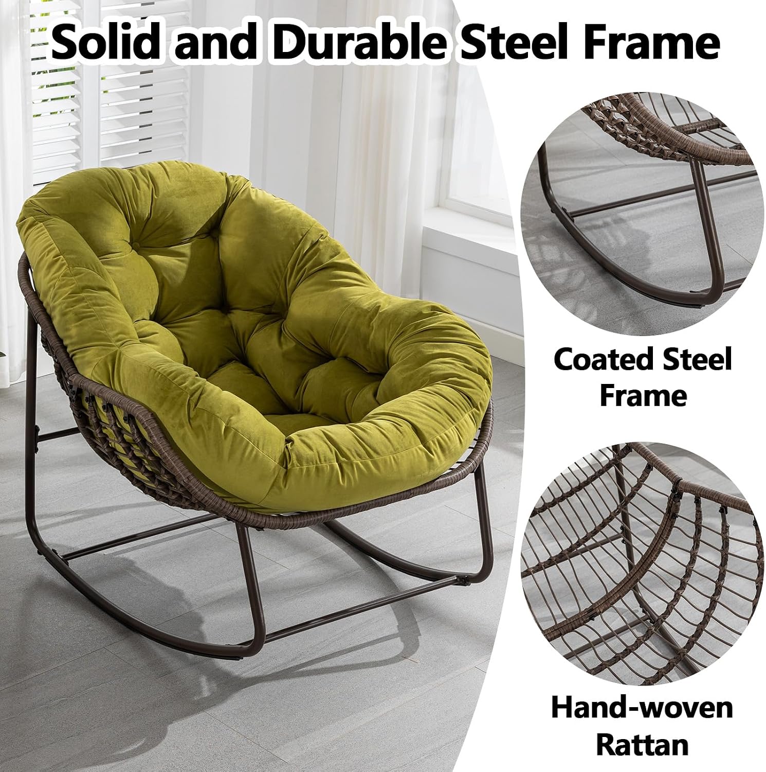 37” Papasan Rocking Chair with Cushion and Steel Frame, Oversized Outdoor Egg Rocking Chair, Rattan Circle Chairs for Grand Patio and Garden (Olive)