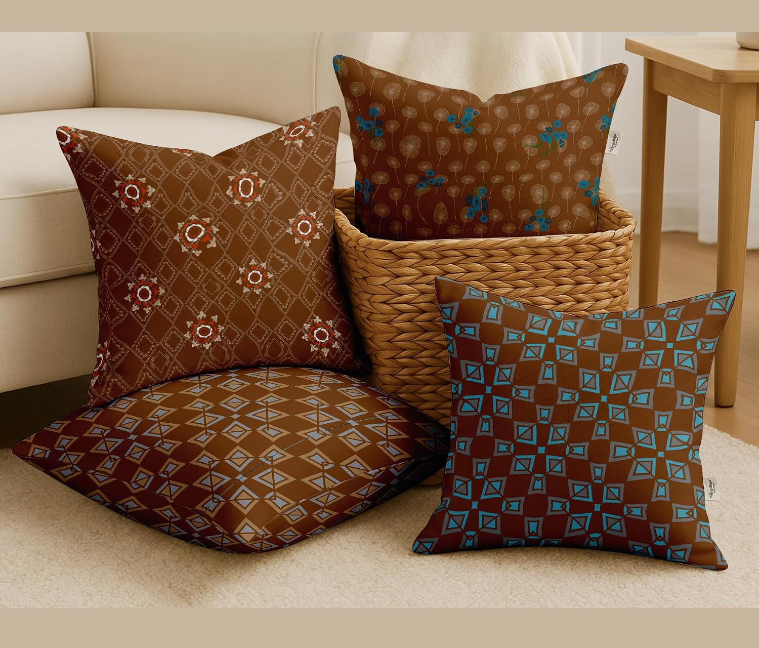 16x16, Cotton Cushion Covers Set of 4 Printed Throw Pillow Covers with Hidden Zip, Double Sided Design - Brown, Geometric Design