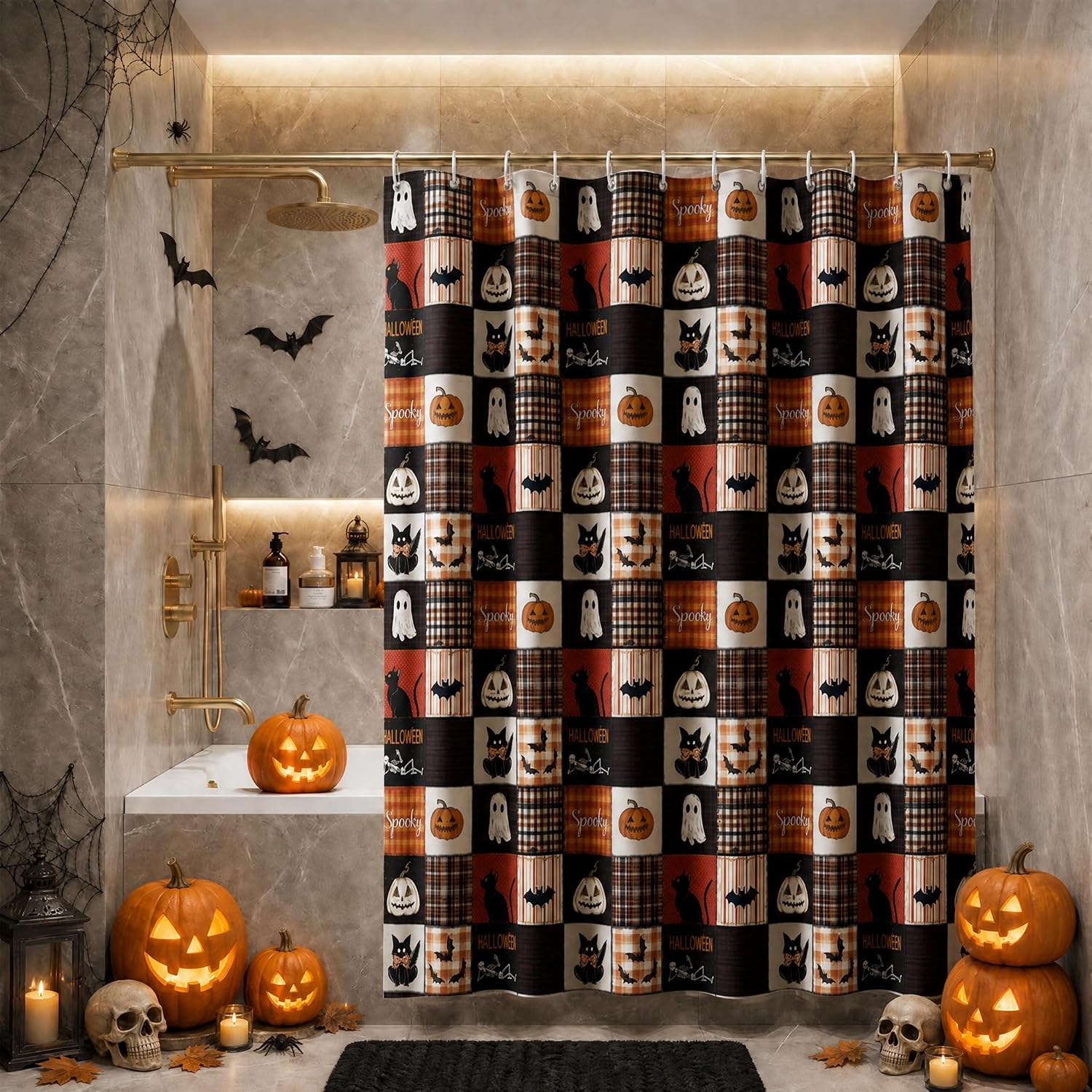 Horaldaily Halloween Shower Curtain 72x72in, Patchwork Spooky Cat Plaid