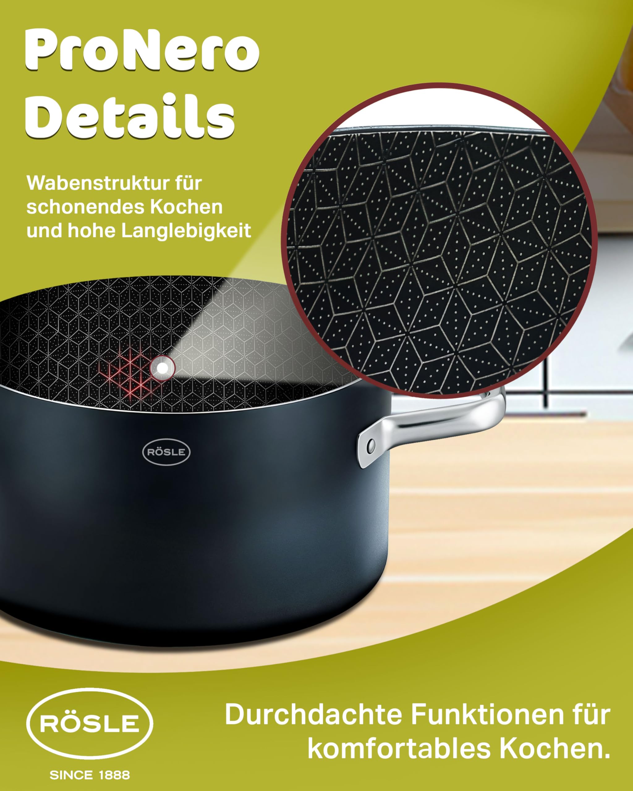 RÖSLE EBONIC Kochtopf 20 cm Induktion – Topf 20cm mit Deckel – ProNero Keramik Antihaftbeschichtung mit Edelstahl-Wabenstruktur – PFAS-frei – 3-Schicht Mehrschichtmaterial – für alle Herdarten