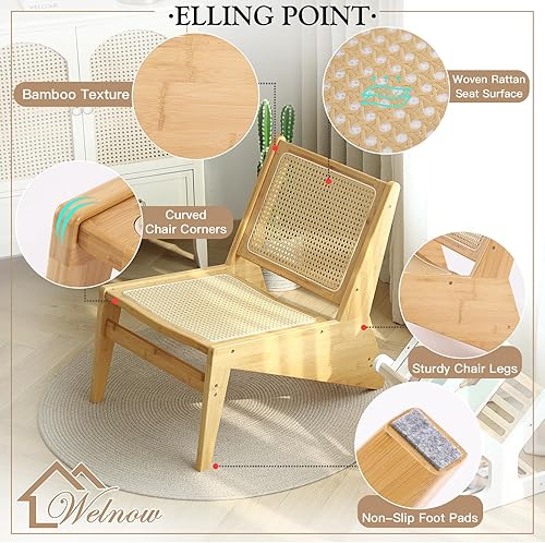 Miniatura 4 de Welnow Silla decorativa de ratán de mediados de siglo, silla de salón de madera de bambú con respaldo de caña tejida, sillón bajo para sala de