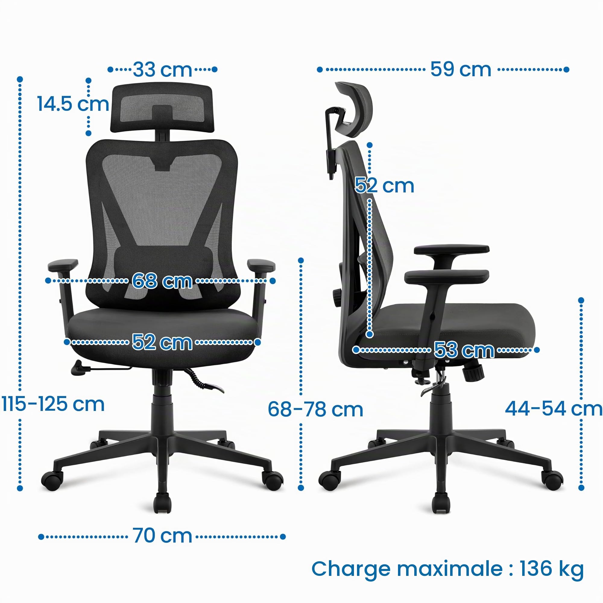 Yaheetech Chaise de Bureau Ergonomique avec Appui-tête, Accoudoirs Ajustables, Soutien Lombaire et Hauteur d'Assise Réglable Chaise Pivotante et Fonction Basculante Noir