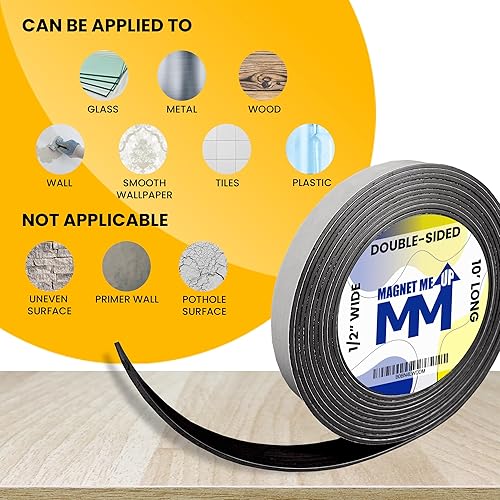 Miniatura 5 de Magnet Me Up Cinta magnética flexible autoadhesiva 1 pulgada de ancho 16 pulgadas de grosor rollo magnético de 10 pies de largo con respaldo