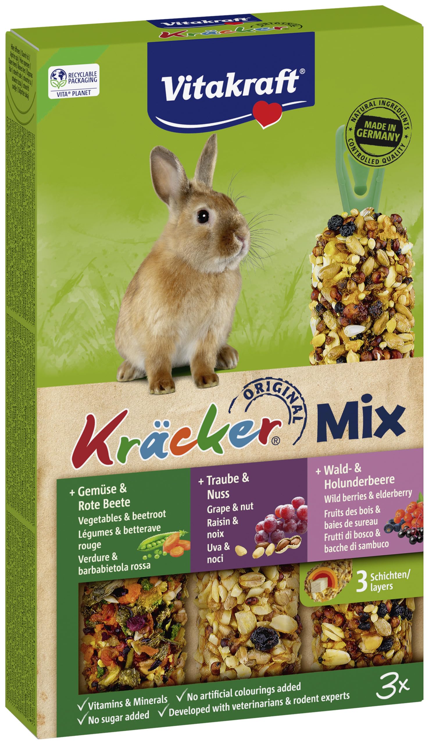 VITAKRAFT- Kräcker Mix, Snack Pour Rongeurs, Pour Lapins Nains, Aux Légumes Et Betterave Rouge, Au Raisin Et Aux Noix, Aux Baies Des Bois Et Sureau, Sans Ajout De Sucre Ni De Céréales (10X168G)