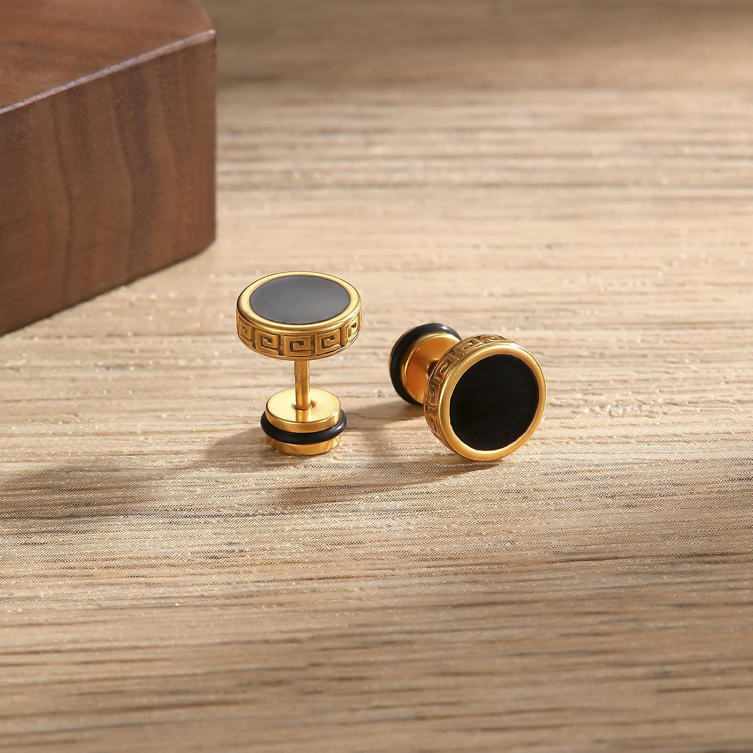 【Hypoallergenic Earrings for Men】-18G Flat Mens Surgical Steel Black Stud Earring 10mm (0.4")-【For Sensitive Skin & New Piercings】 Textured Brick Design Pair 0.28oz Men's jewelry-Para Hombre