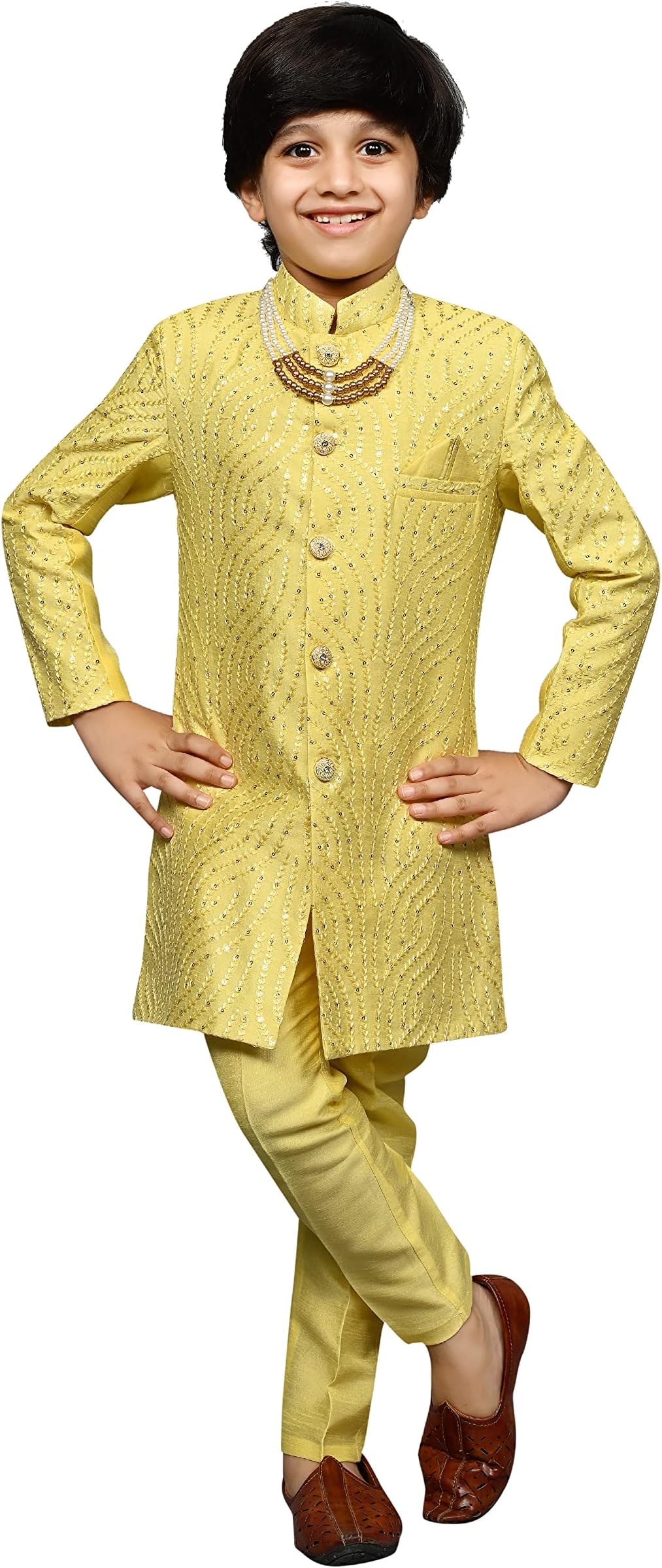 AHHAAAA Kids Ethnic Silk Blend Sequin Print Indo-Western Sherwani Set For Boys