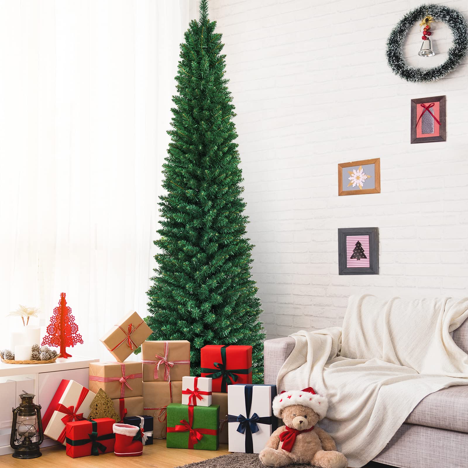 COSTWAY Albero di Natale Slim 150/180/210/240/270 cm, Albero di Natale Artificiale con 220/400/700/1000/1500 Rami e Base in Metallo, Decorazioni Natalizie per Casa e Negozio (240 CM)