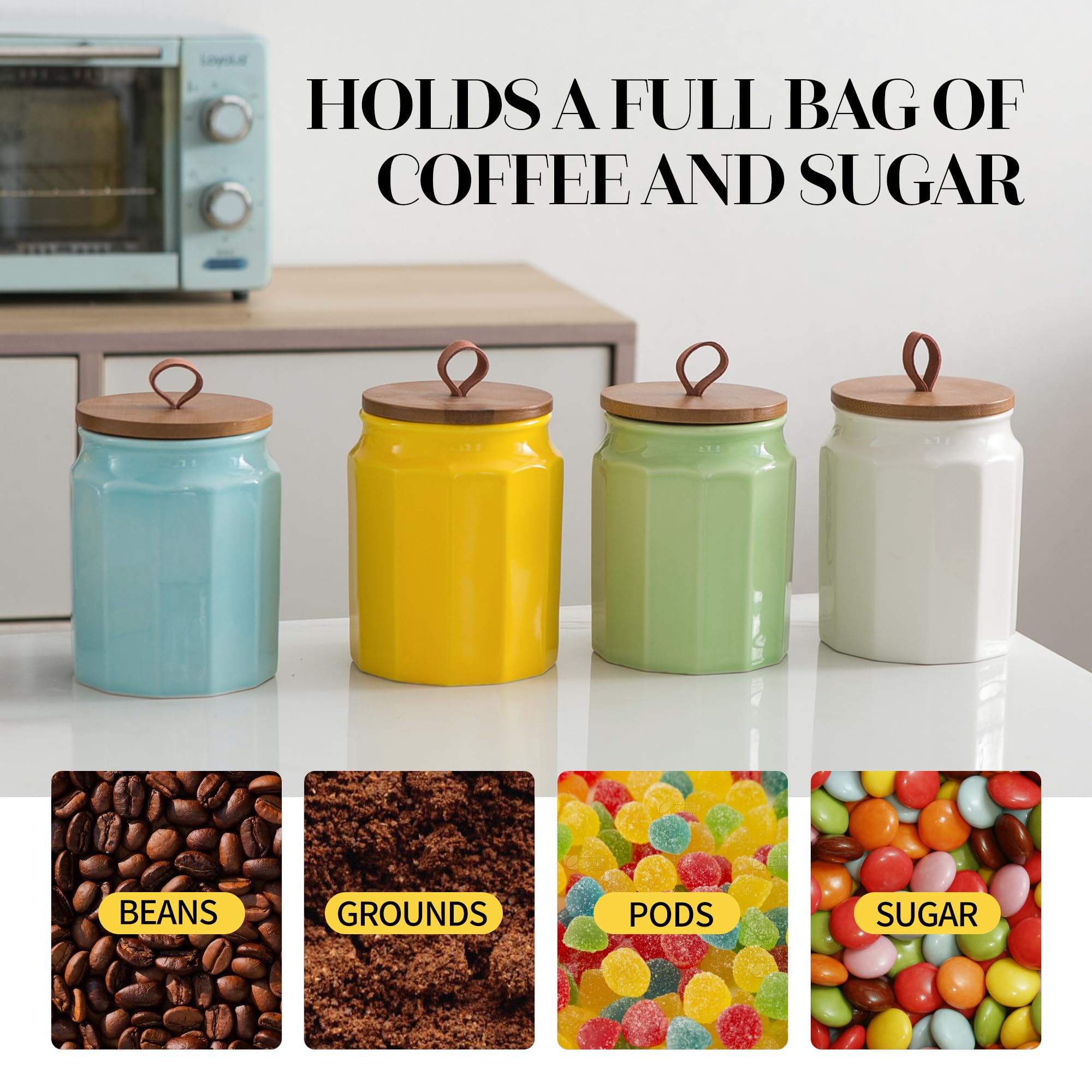 Set di 4 contenitori da cucina in ceramica con coperchi ermetici in bambù, cucchiai ed etichetta, grandi contenitori per farina e zucchero per servire caffè macinato