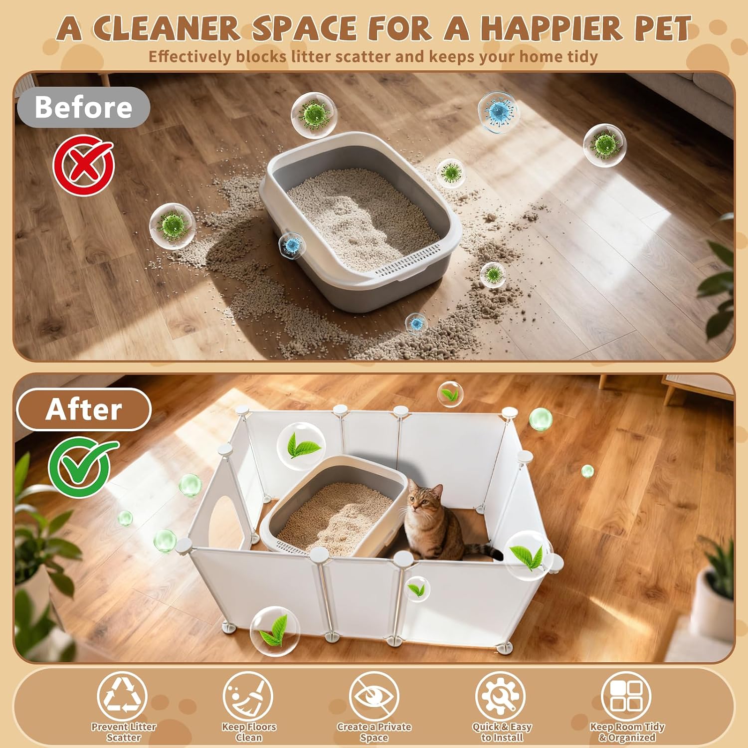 FHTONGE Extra Large Cat Litter Box Enclosure Splash Guard for Any Type, Universal Kitten Litter Pan Pee Shields Wall Protector, Spill Proof Cat Litters Box Privacy Screen for Open Top
