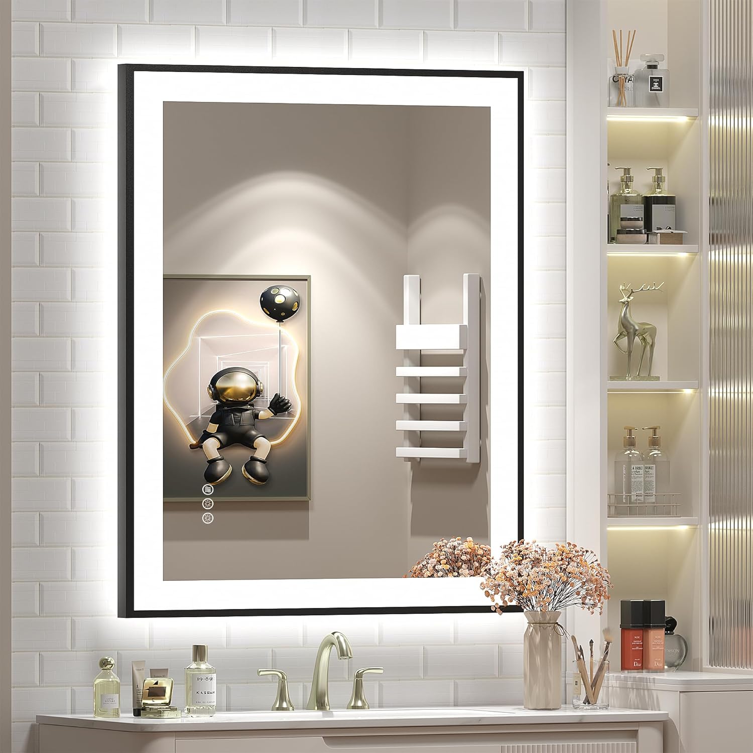 framed led lighted bathroom mirror 24x32, dimmable vanity mirror for wall, backlit and front lighted, anti-fog (horizontal/vertical) 32"l x 24"w black frame with right angle