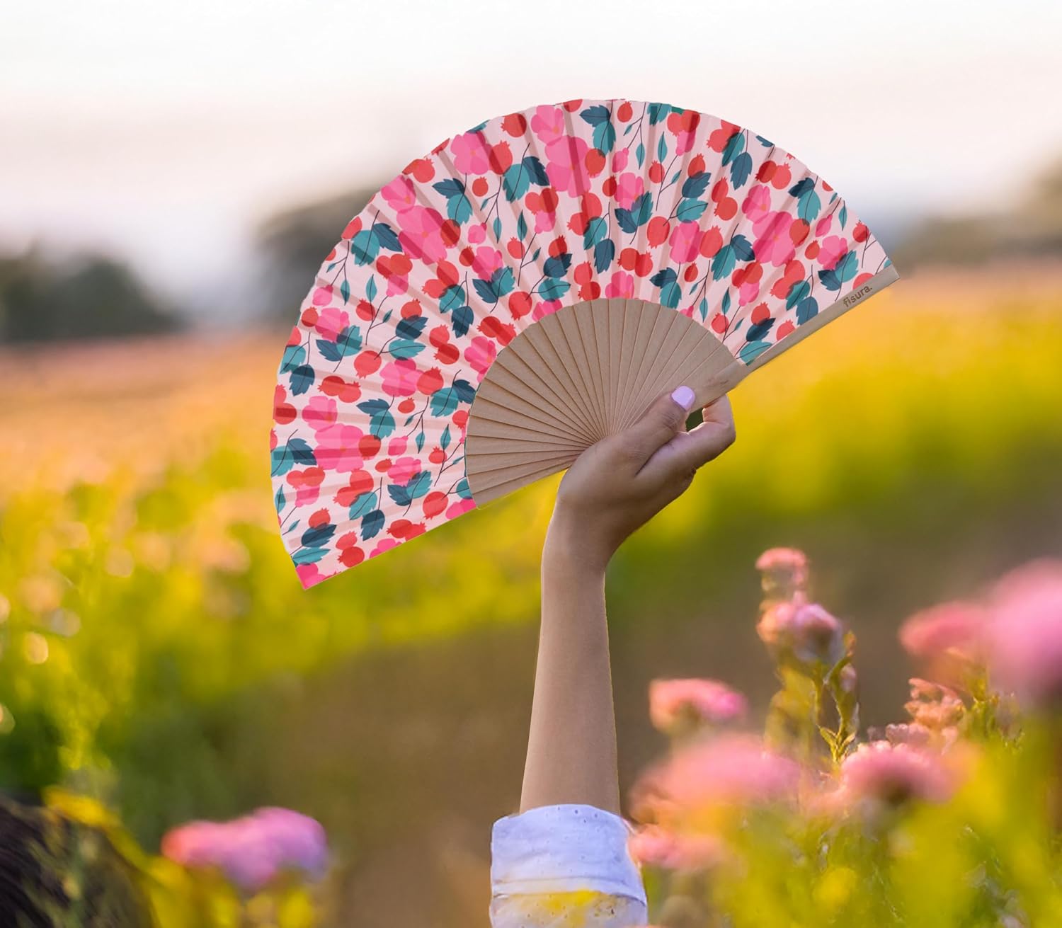 Fisura - Original Folding fan with Poppy Print. Wooden handheld fan for women. Pink and Red Design for raves, festivals, weedings. Hanger included. Size: 16.7 x 9 inches