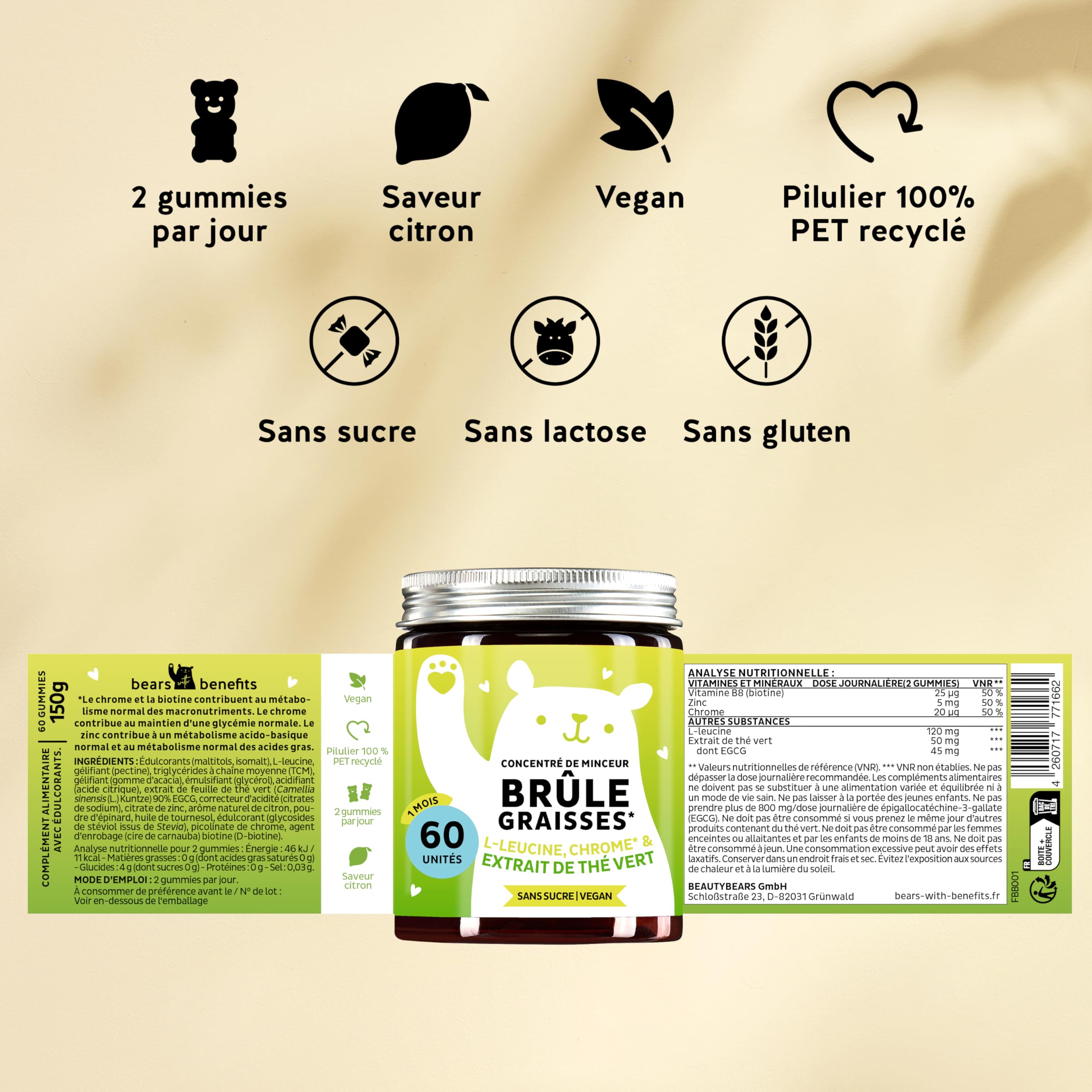Gummies Complexe de Nutriments – Concentré De Minceur Gummies Avec Chrome, Biotine, Zinc, L-Leucine & Extrait De Thé Vert – 60 unités (1 mois), Vegan, Sans Sucre, Bears With Benefits