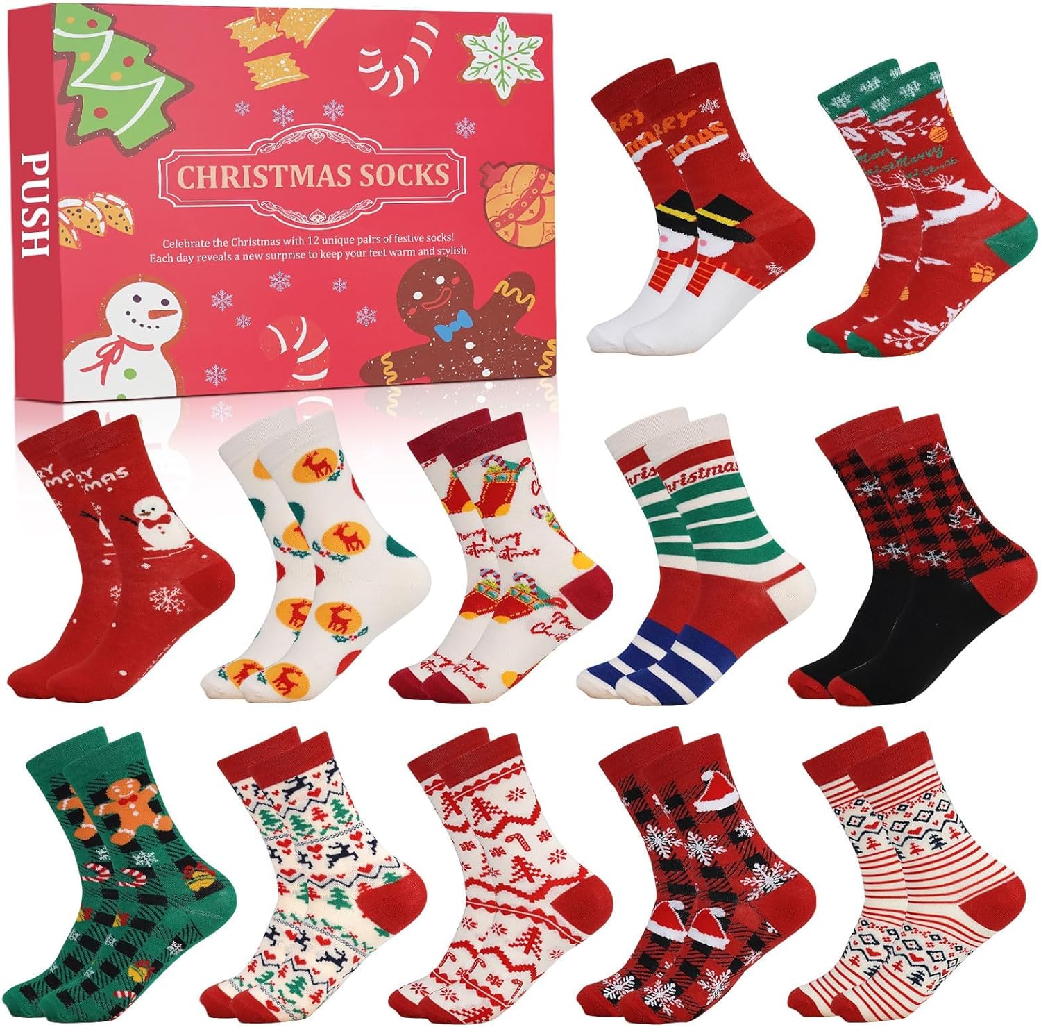 ANOTION 12 Days of Christmas Socks Advent Calendar for Men – Advent Calendar 2025 Festive Holiday Countdown with 12 Pairs of Fun and Colorful Christmas-Themed Socks White Elephant Gift for Men