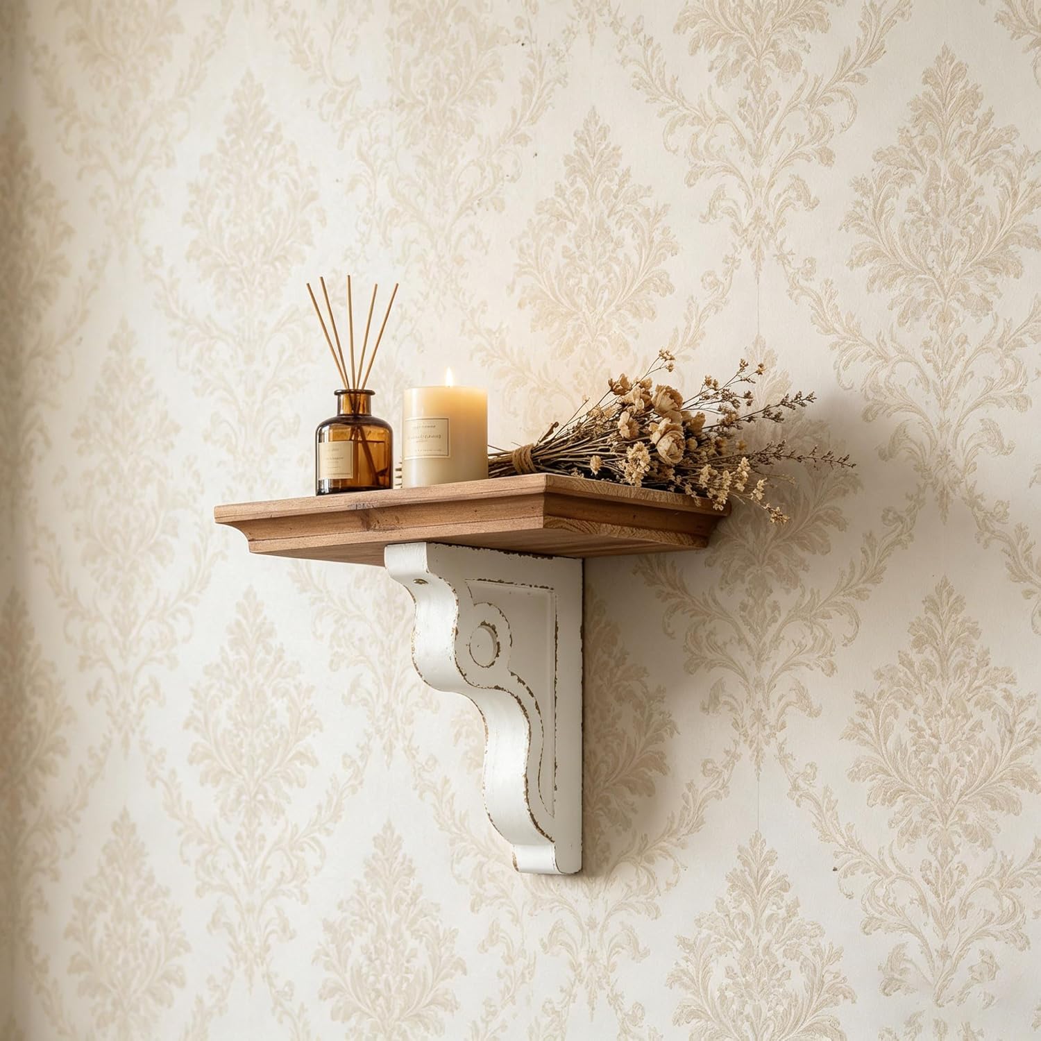 SOFE Rustic Wood Floating Shelf 14 Inches Long, Decorative Wall Shelves for Living Room Bedroom Bathroom, Chic Wall Decor for Display Vases Candles Books, Distressed White Scrolled Bracket