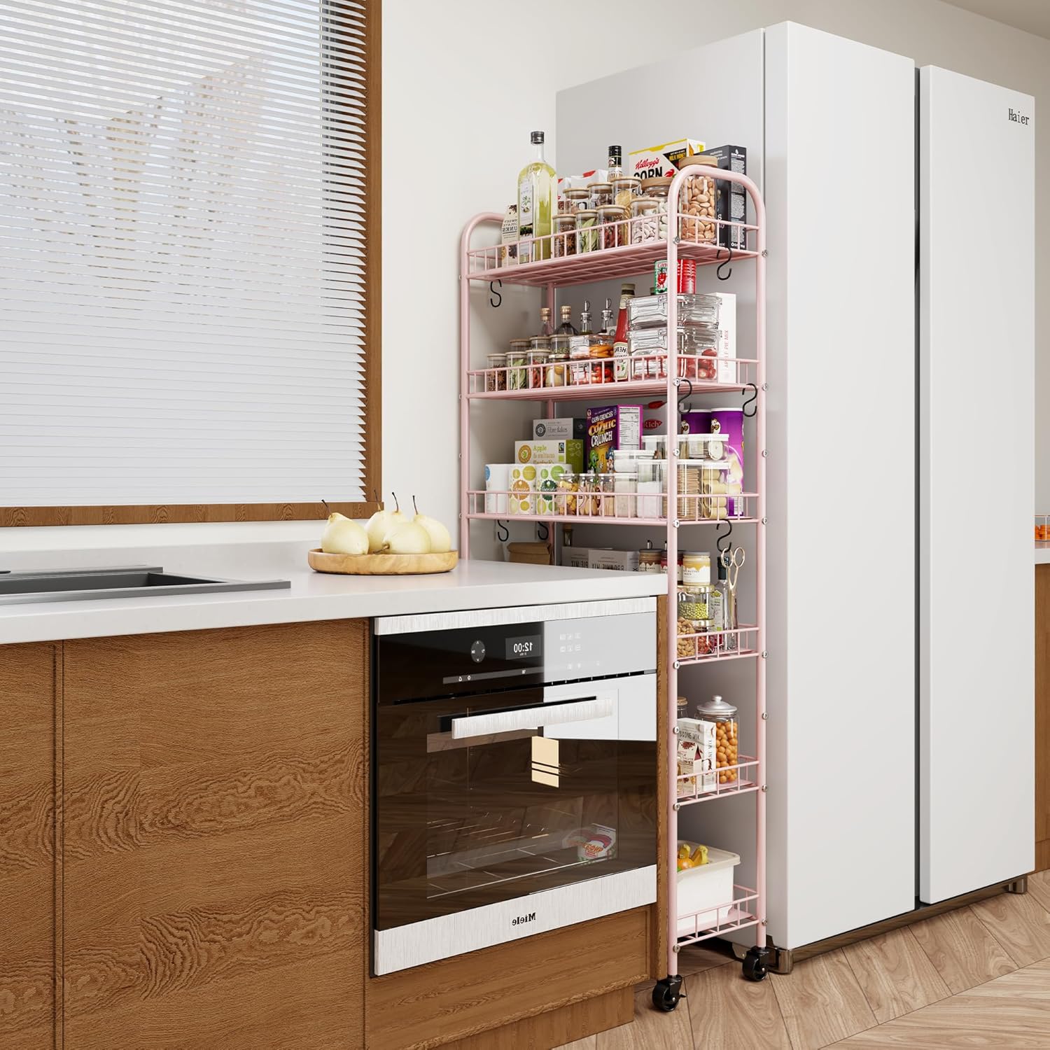 6 Tier Slim Rolling Storage Cart with Wheels, Metal Mobile Shelving Unit Organizer Utility Cart for Office Bathroom Kitchen Laundry Room Narrow Places (Pink 10 Inches)