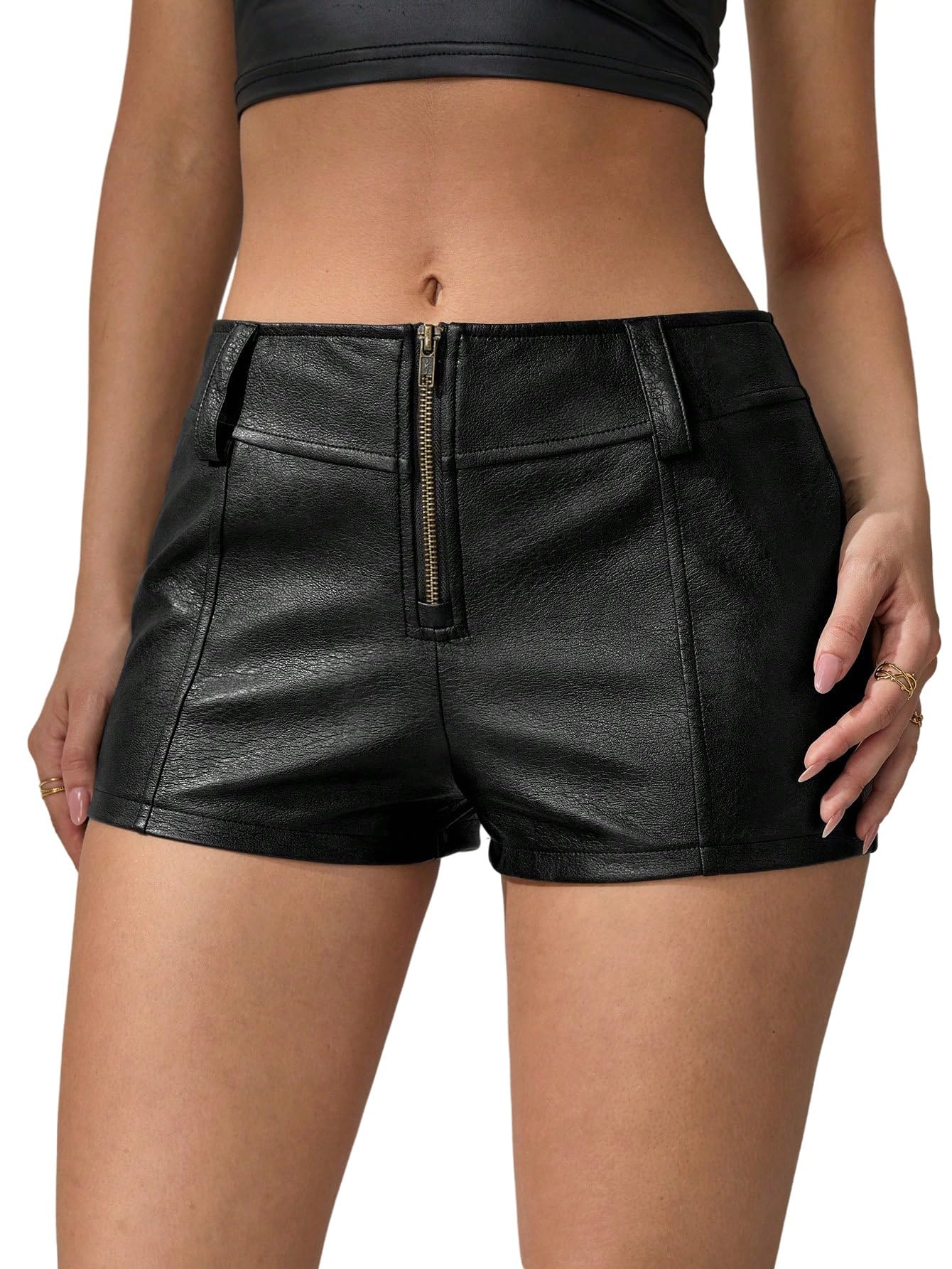 GORGLITTER Pantalones cortos elegantes para mujer, cintura baja, pantalones cortos de piel con cremallera, pantalones cortos, pantalones cortos para el tiempo libre, minipantalones cortos para fiesta