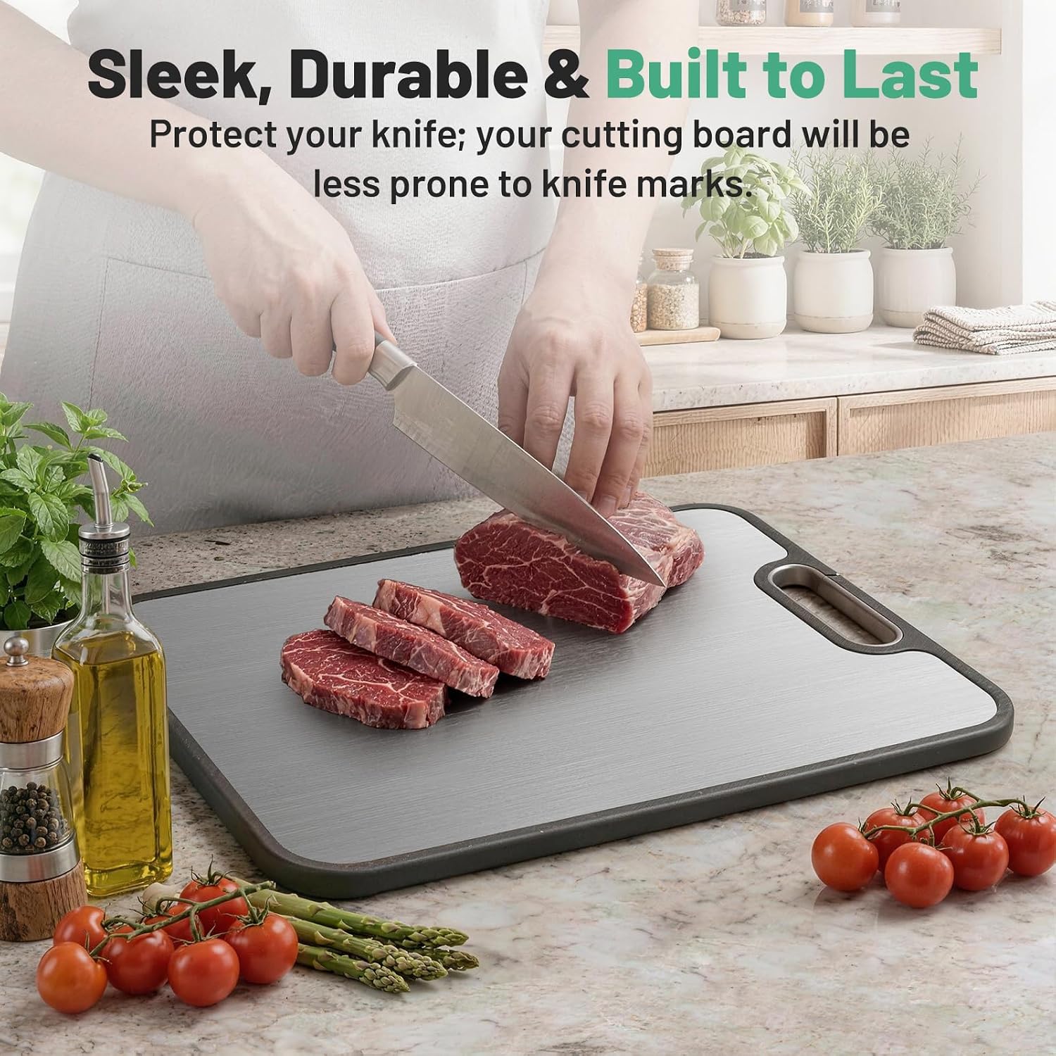 Titanium Cutting Board for Kitchen, Dual-Sided Pure Titanium & PP, Non-Slip