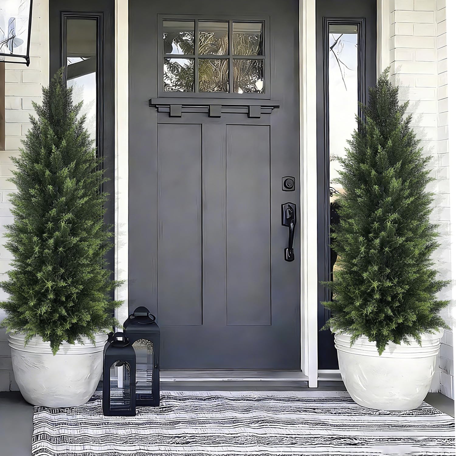 4FT Artificial Cedar Topiary Trees (2-Pack) - UV Protected Faux Pine Christmas Trees for Porch & Garden, Realistic Tall Potted Fake Plants, Ideal Housewarming for Home Decor - Image 3