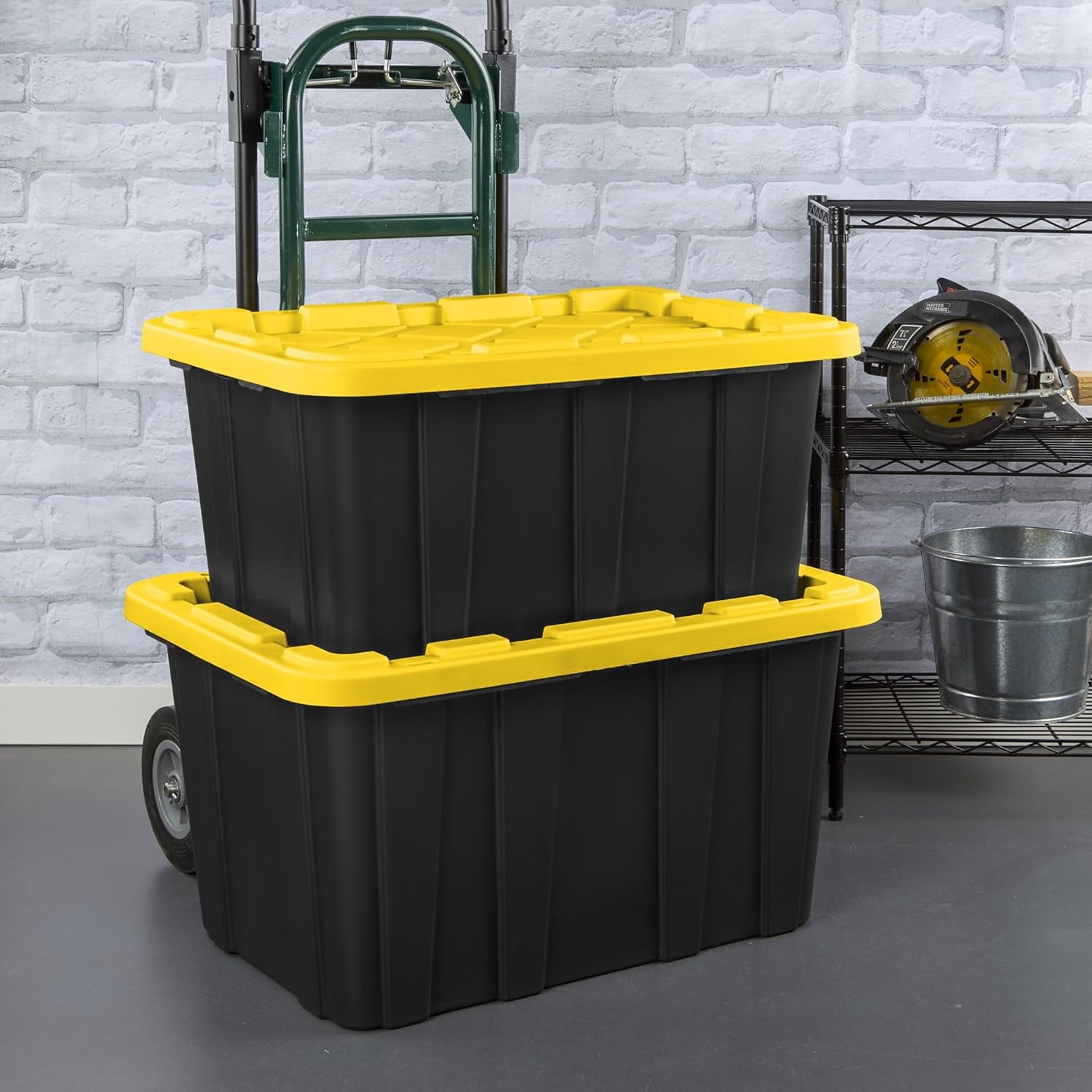 27 Gallon Industrial Storage Tote with Snap-On Lid, Black and Yellow, Durable Plastic, 6 Pack, 28.5x19.6x15.5 Inches