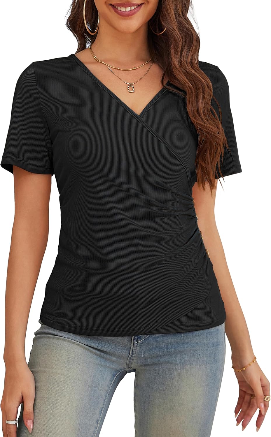 VOIANLIMO Women's Summer Tops Short Sleeve Slim Fitted Deep V Neck Cross Wrap Tunic T-Shirt Side ruched Shirring Tees - Image 4