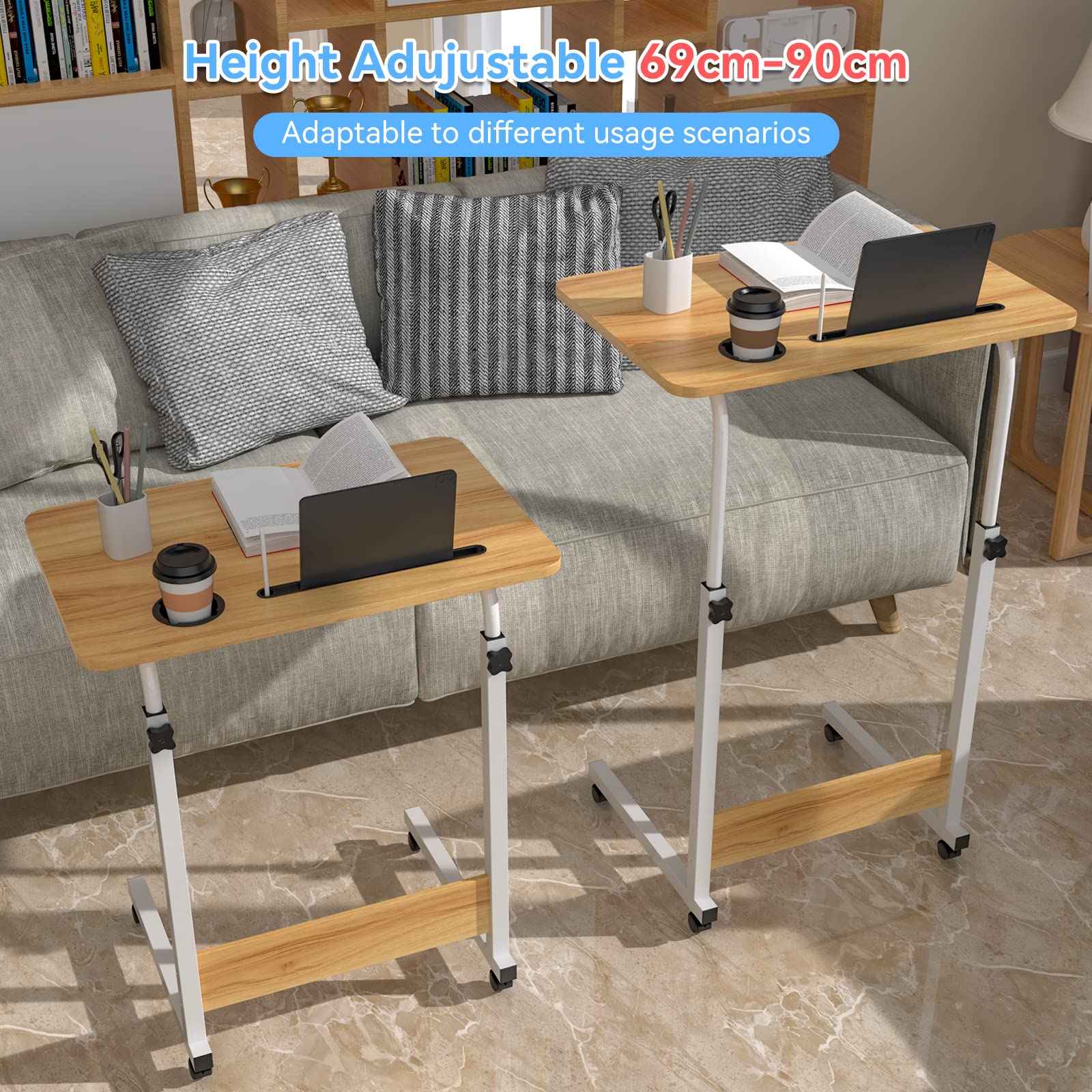 PIPIPOXER Scrivania per Computer, 60x40cm Tavolino Rotante Con Freno, Slot per PC per Tablet Cellulare, Slot per Tazza, Scrivania Mobile Regolabile in Altezza 69-90cm per PC per Tablet Cellulare,Legno