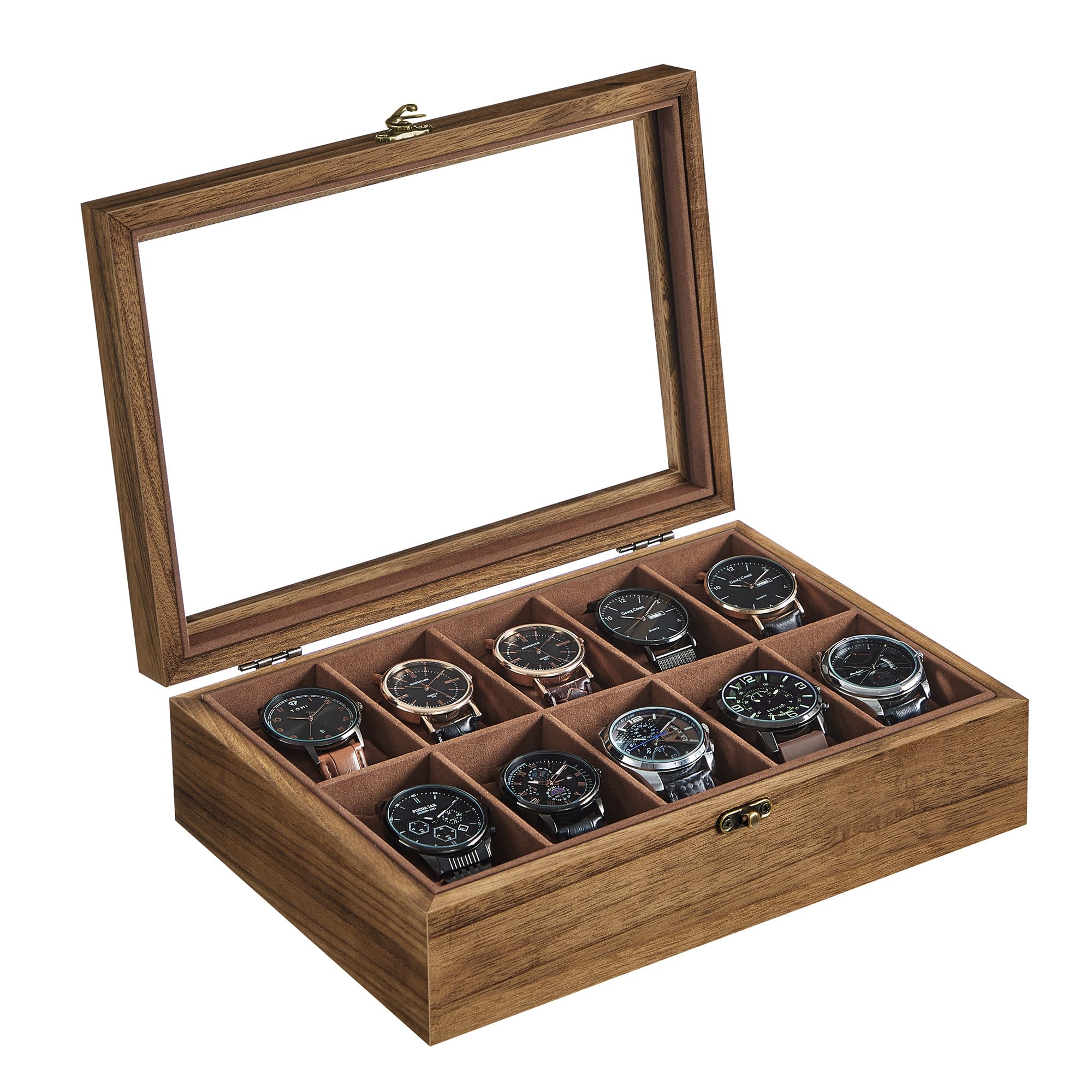 Songmics Rustic Walnut Watch Box With 10 Slots, Watch Case, Solid Wood Watch Box Organiser With Large Glass Lid, Watch Display Box With Removable Pillows, Gift Idea, Jow100k01