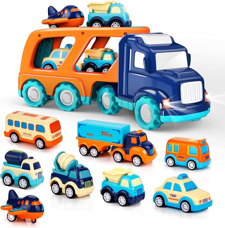 Paquete de 9 juguetes de autos para niños pequeños de 2, 3, 4, 5 años, regalo para niños y niñas, camión de transporte grande con 8 pequeños y lindos camiones de tracción, colorido juego de vehículos variados, camión portador con sonido y luz