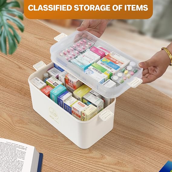 4 Layer Medicine Storage Box,Household Medicine Container Box Organiser with Handle, Box,Portable with Lid Medication Storage Box Medicine Cabinet for Home,School (white)